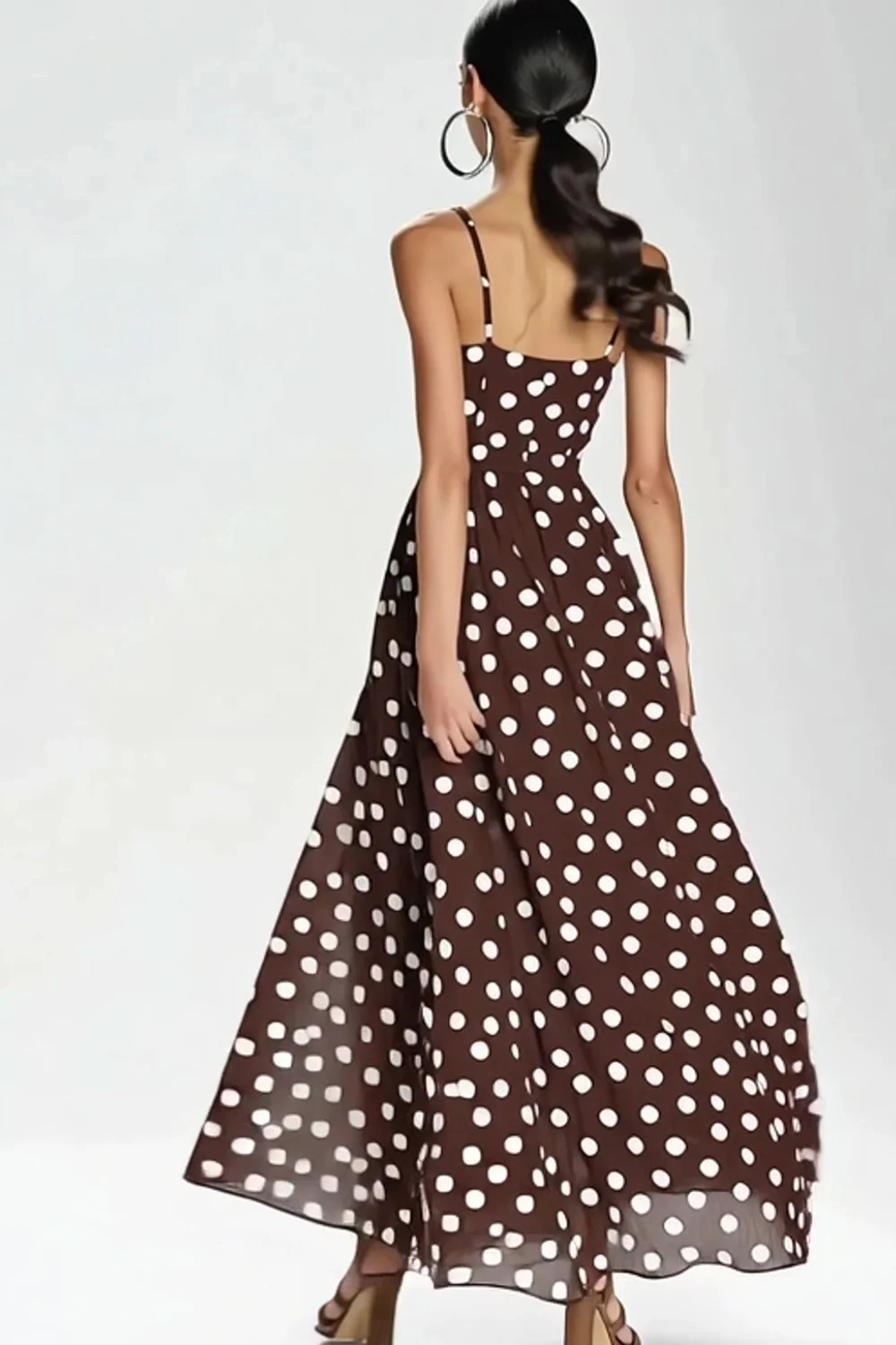 Coffee and White Spaghetti Straps A Line Boho Maxi Chiffon Polka Dot Dress - JUORTHO