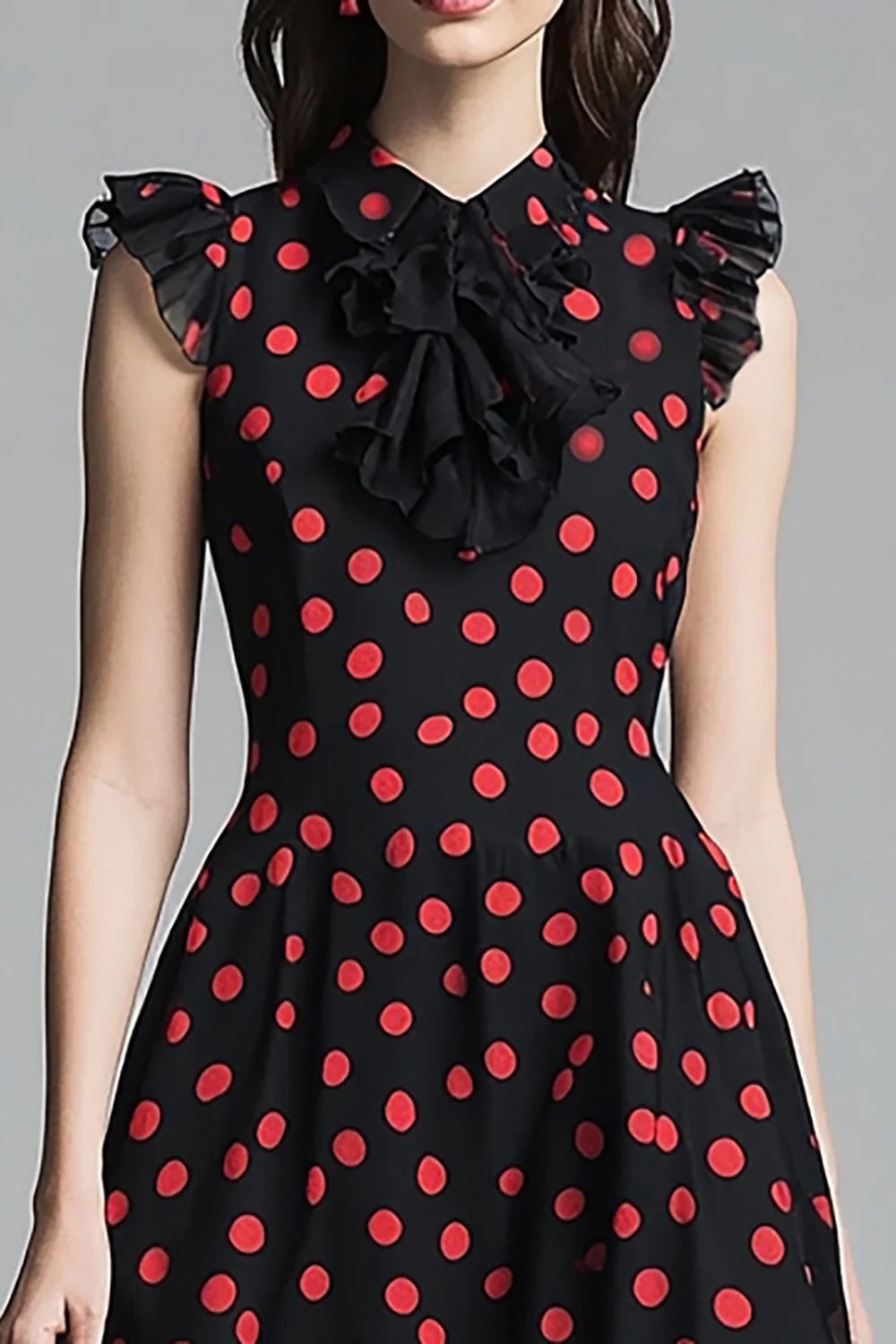Chiffon Black and Red A Line High Neck Midi Polka Dot Dress with Ruffles - JUORTHO