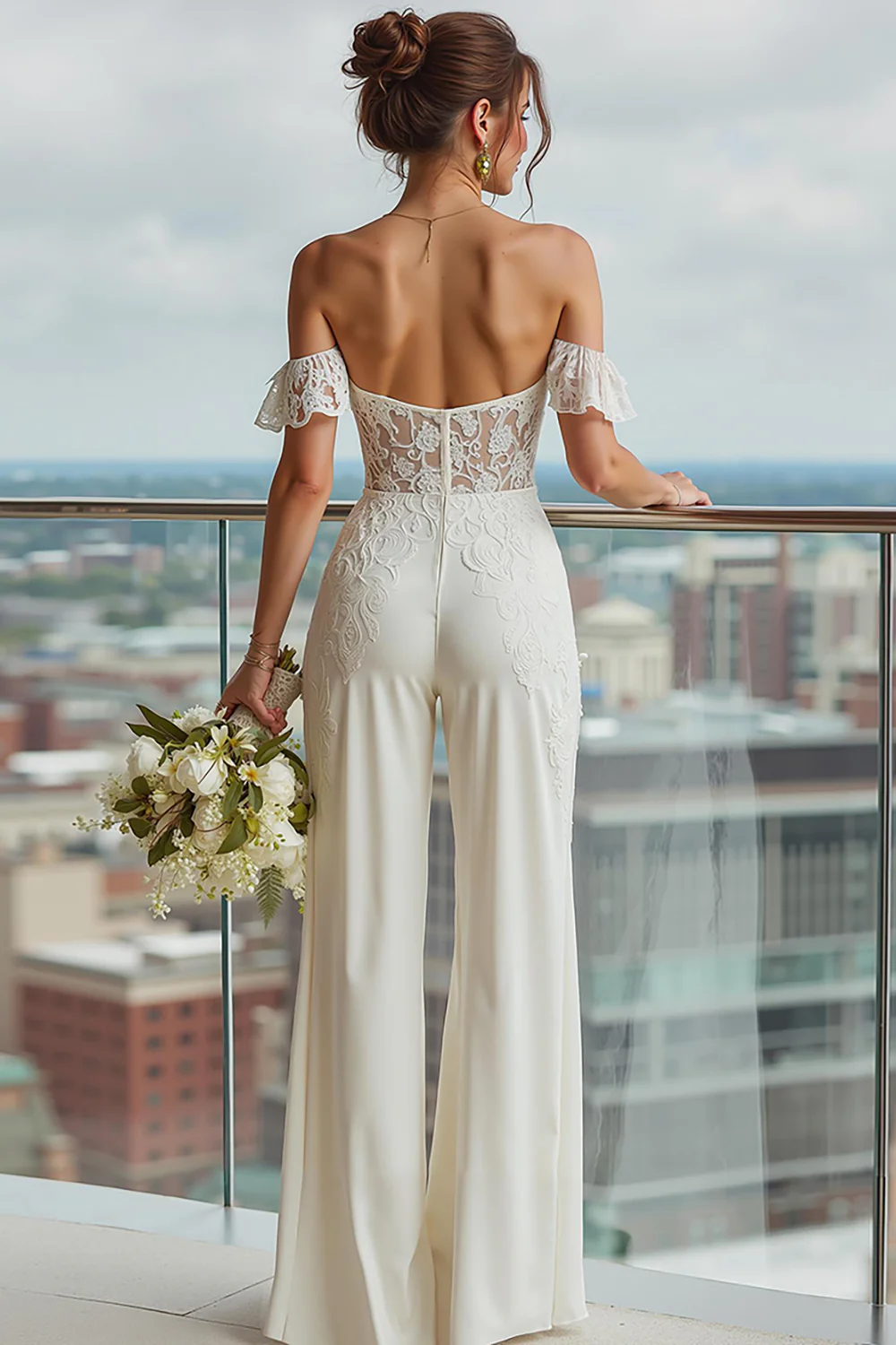 Ivory Off the Shoulder Backless Bridal Jumpsuits with Lace - JUORTHO