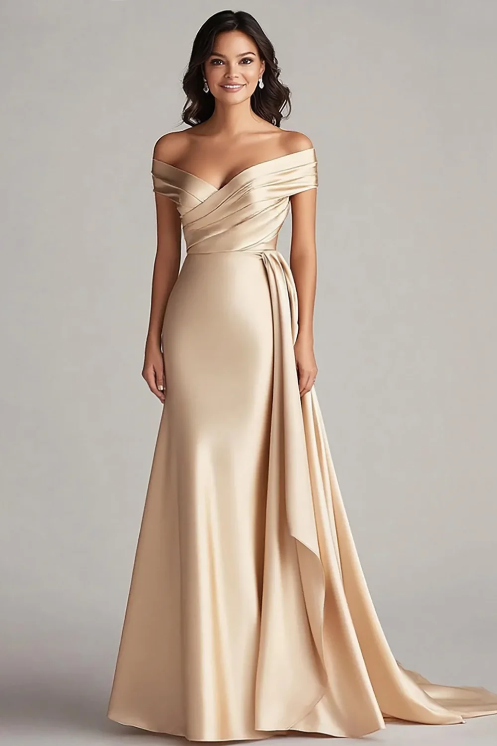 Champagne Satin Off the Shoulder Mermaid Long Formal Dress - JUORTHO