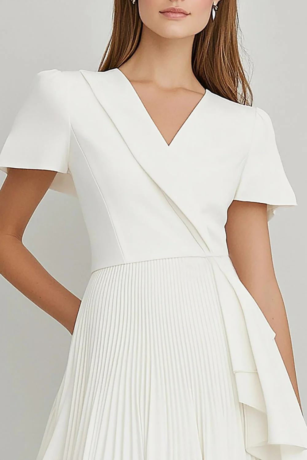 Ivory A Line Satin Ruffled Short Work Blazer Dress with Sleeves - JUORTHO