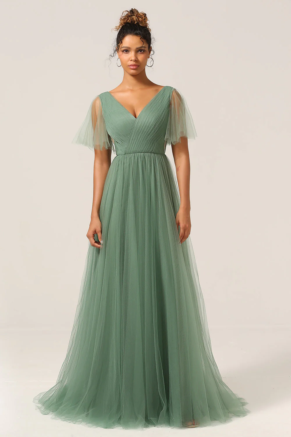 Eucalyptus V Neck Open Back A Line Bridesmaid Dress - JUORTHO