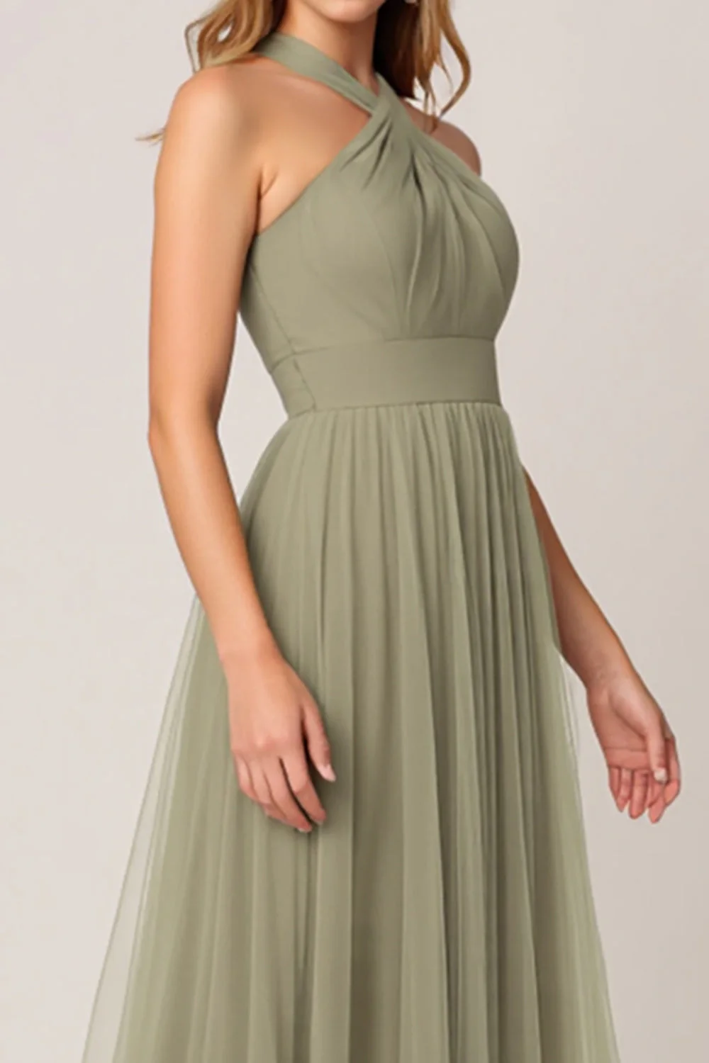 Olive Tulle Tiered Halter Long Tiered Bridesmaid Dress - JUORTHO