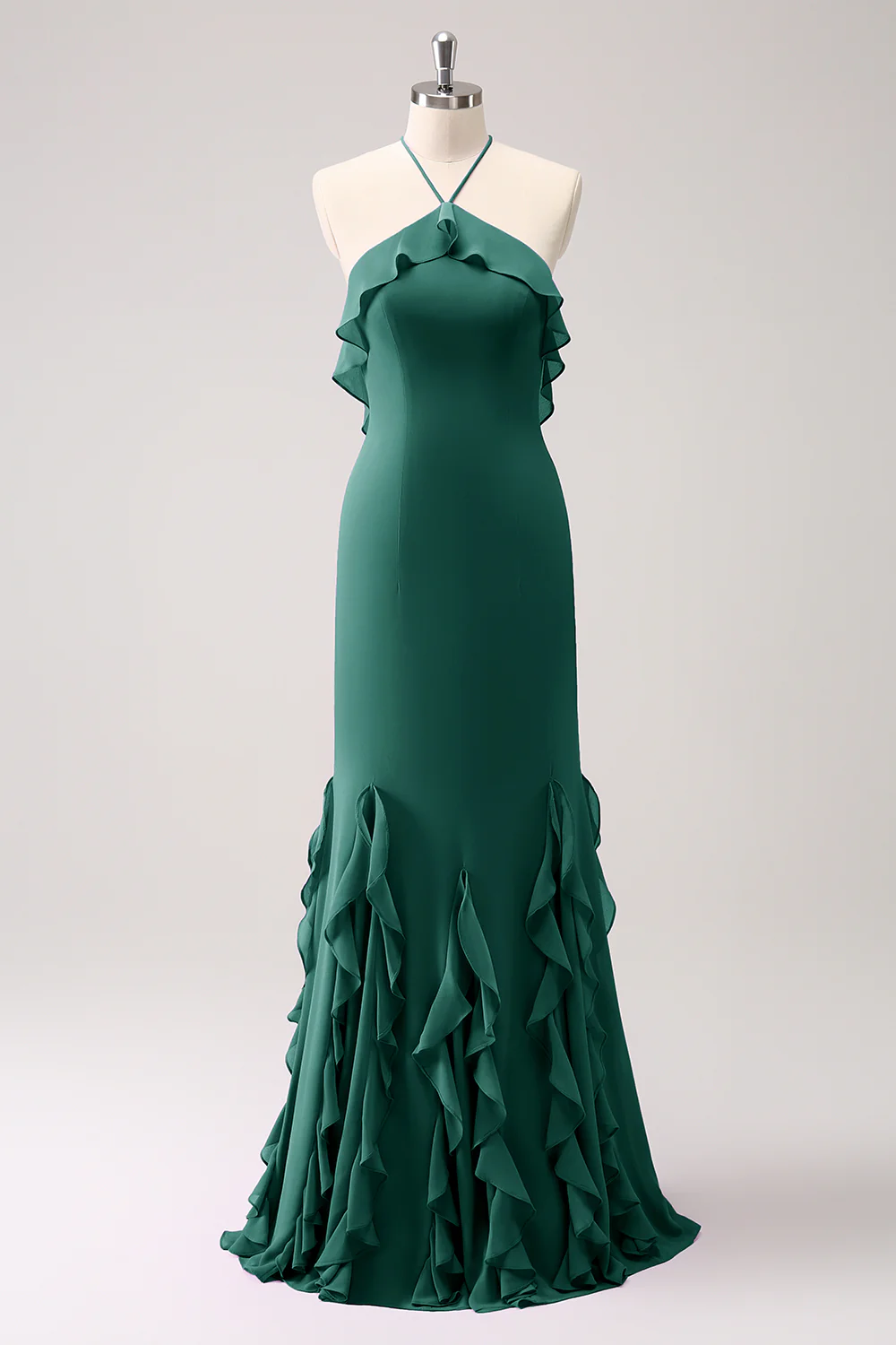 Tahiti Mermaid Halter Ruffle Chiffon Long Bridesmaid Dress - JUORTHO