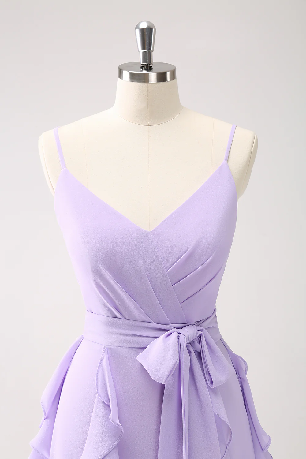 Lilac Chiffon Spaghetti Straps Long Bridesmaid Dress With Slit - JUORTHO