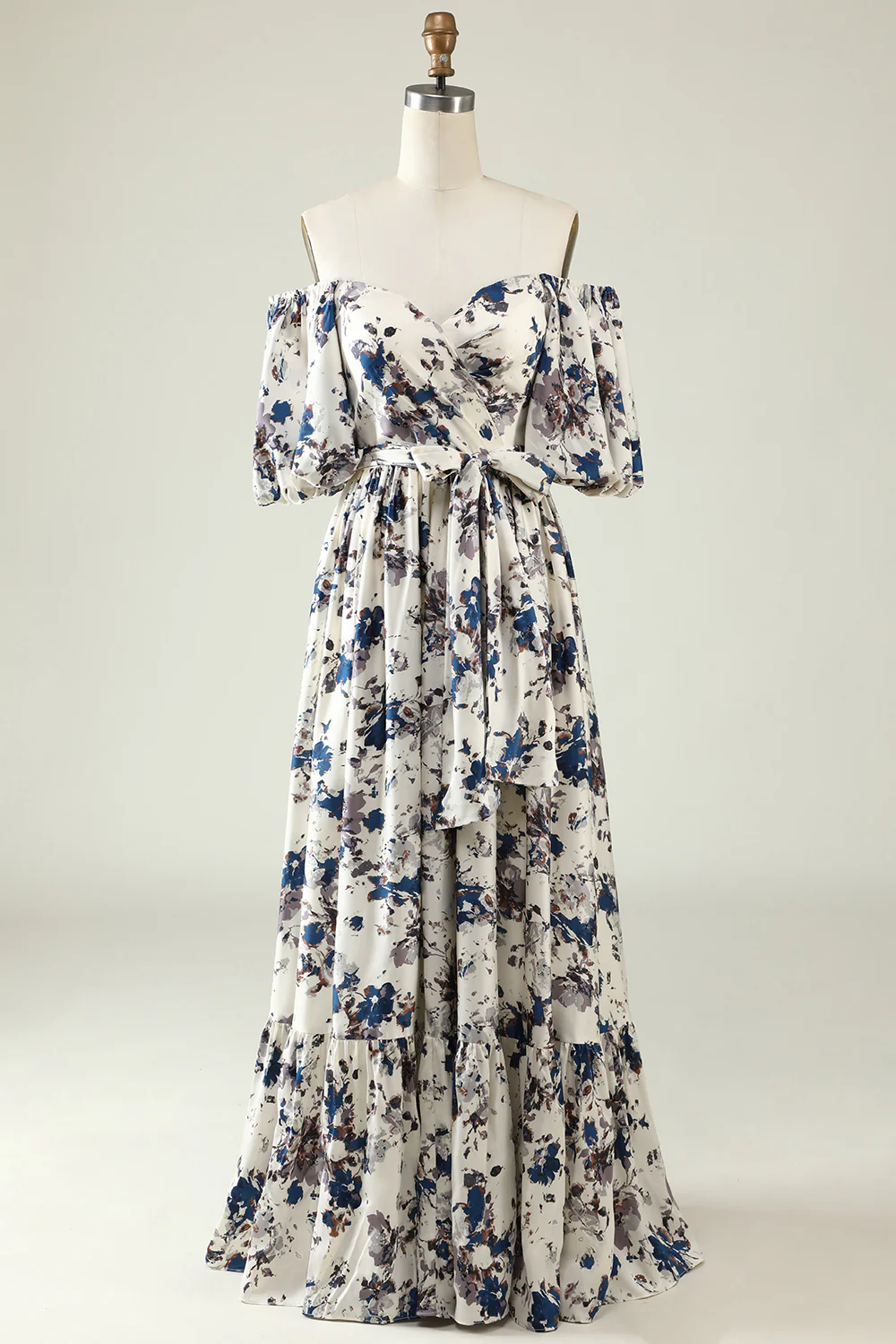 A Line Off the Shoulder White Blue Flower Long Bridesmaid Dress - JUORTHO