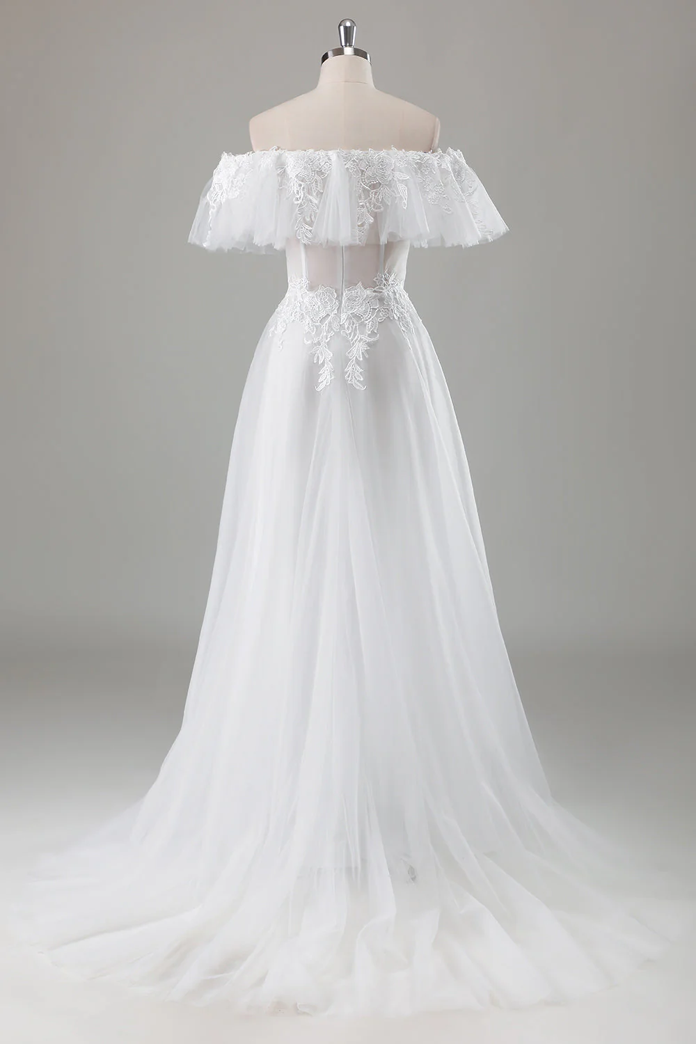Ivory Off the Shoulder A-Line Wedding Dress with Appliqued Lace - JUORTHO