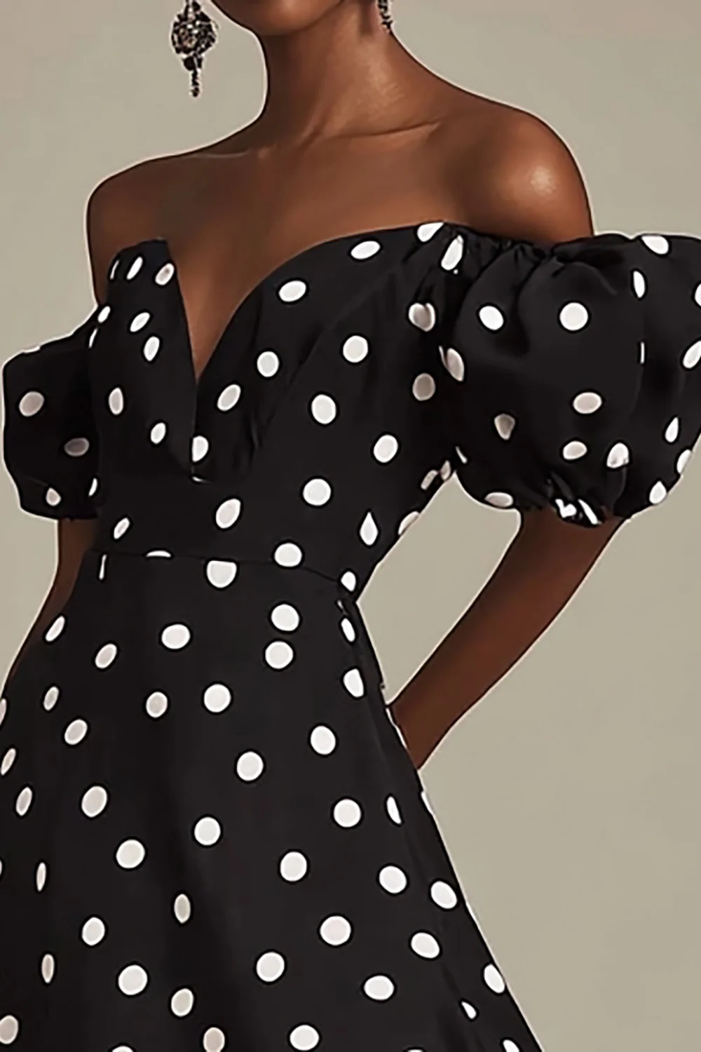 Boho Black and White Satin Puff Sleeves Maxi Polka Dot Dress with Slit - JUORTHO