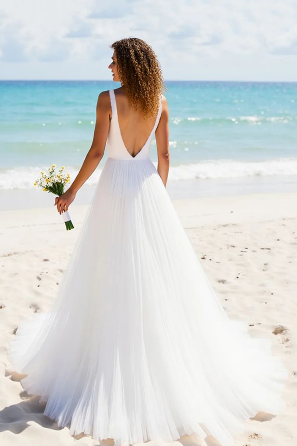 Ivory A Line Tulle V-Neck Backless Sweep Train Wedding Dress - JUORTHO