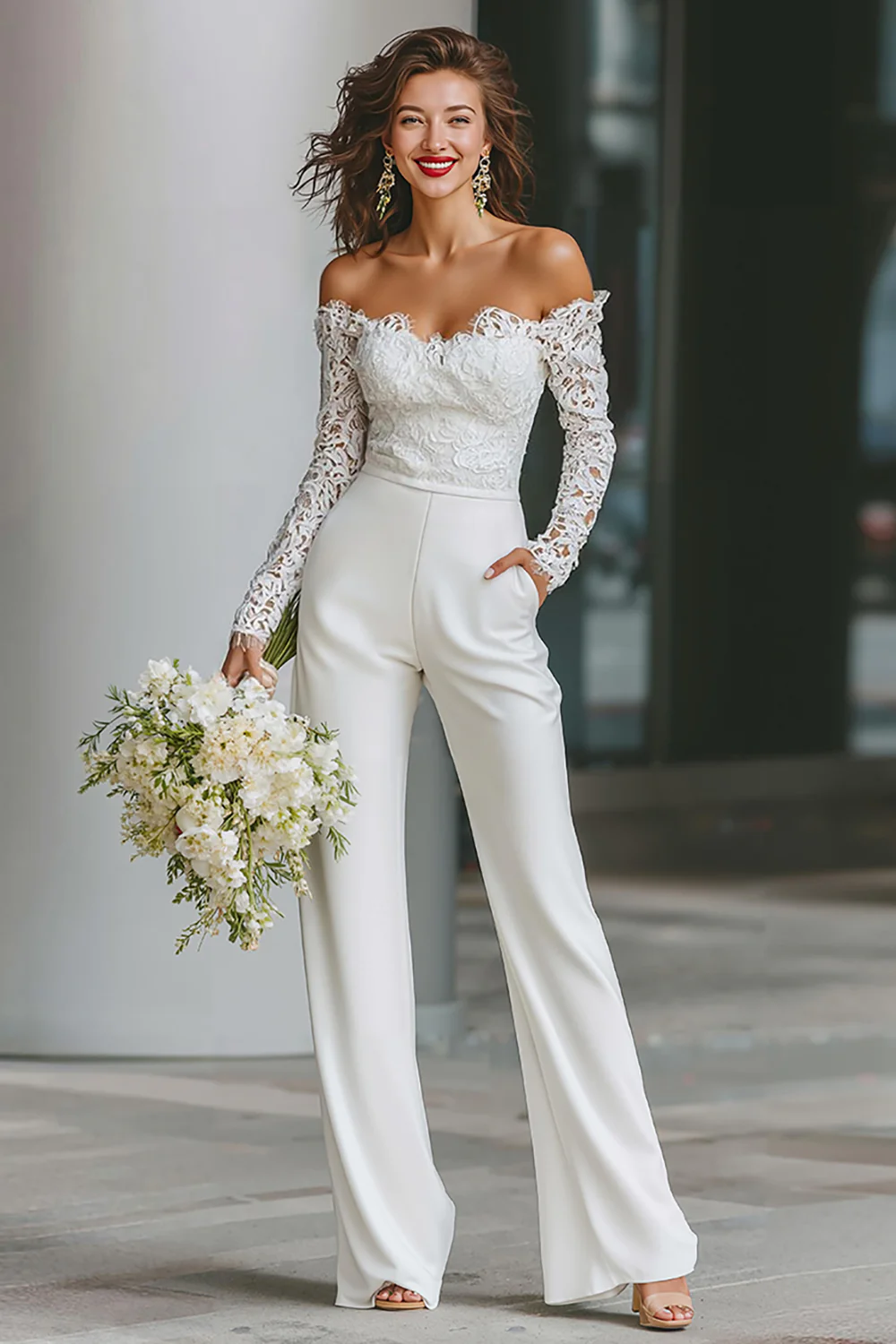 White Long Sleeves Off the Shoulder Bridal Jumpsuits with Pockets - JUORTHO