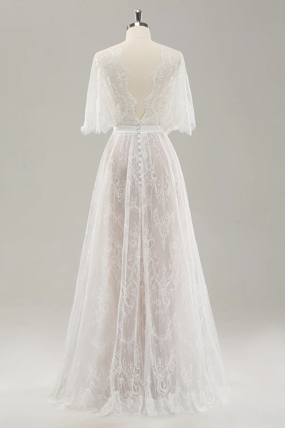 White A Line Sweetheart Lace Long Wedding Dress with Short Sleeves - JUORTHO