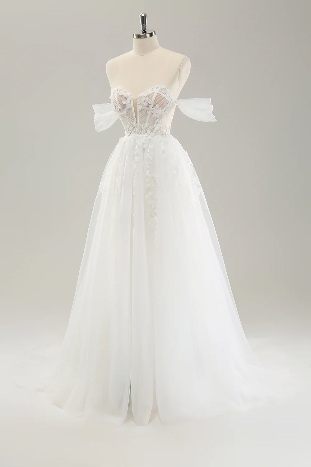 Princess Off The Shoulder Sweep Train Tulle Corset Wedding Dress with Appliques - JUORTHO