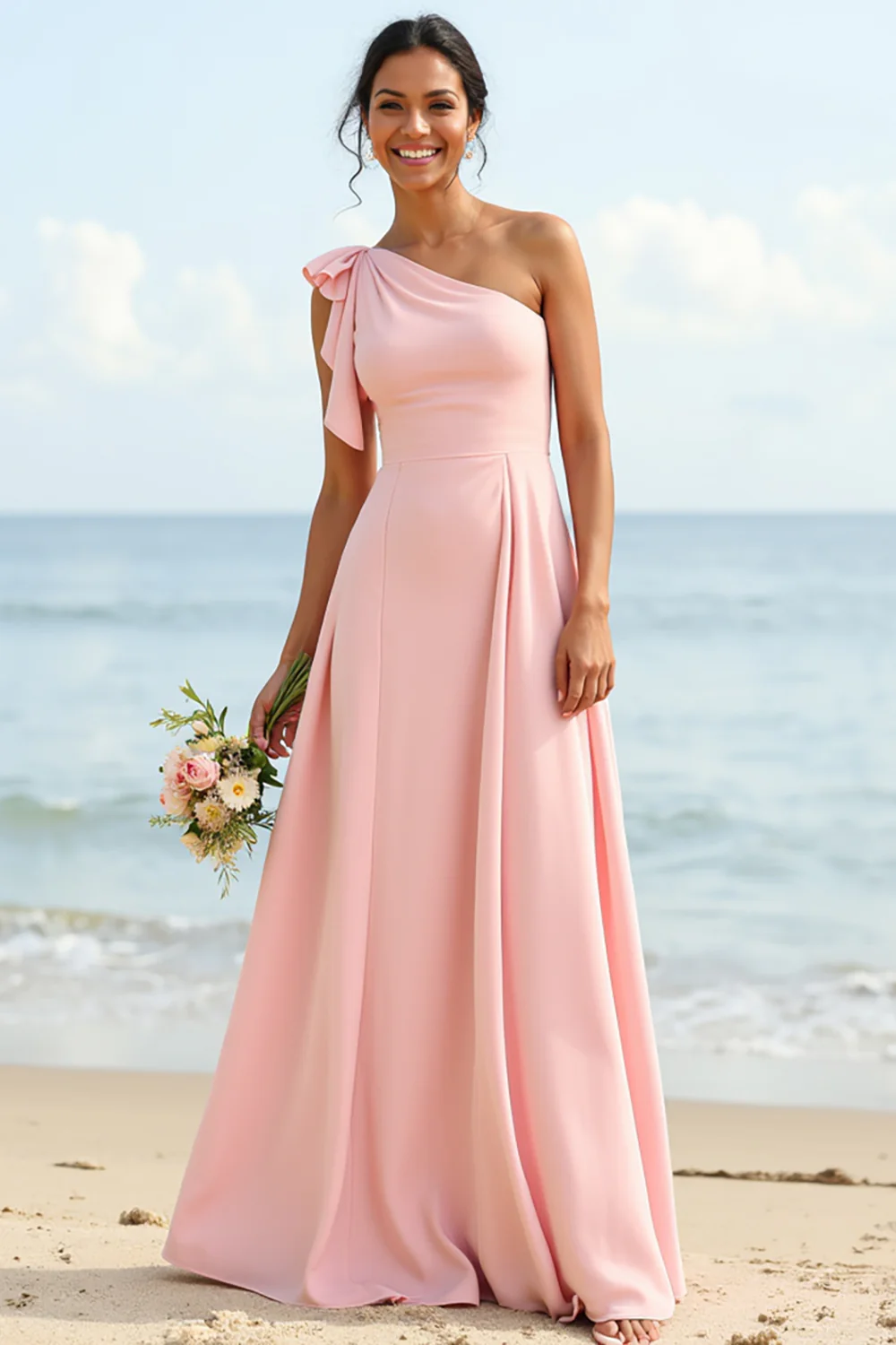 Blush One Shoulder Boho Long Bridesmaid Dress with Ruffles - JUORTHO