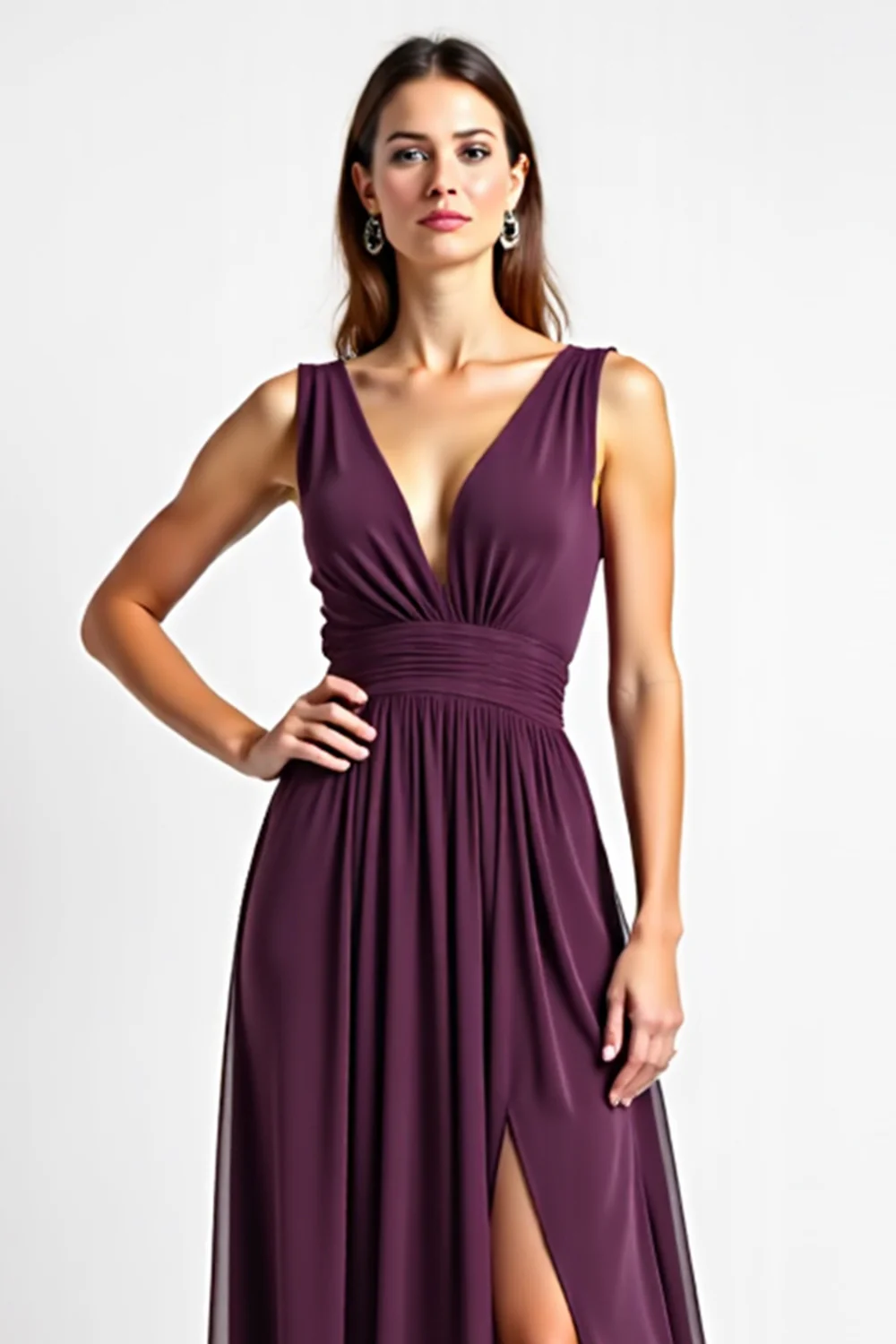 Purple Deep V-Neck Chiffon Long Bridesmaid Dress with Slit - JUORTHO
