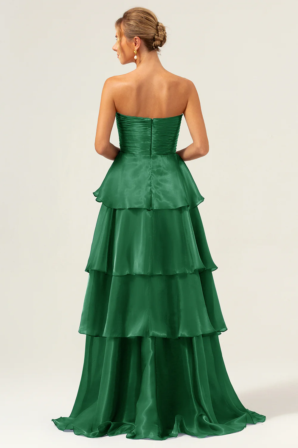 Dark Navy A Line Strapless Tiered Satin Long Bridesmaid Dress - JUORTHO