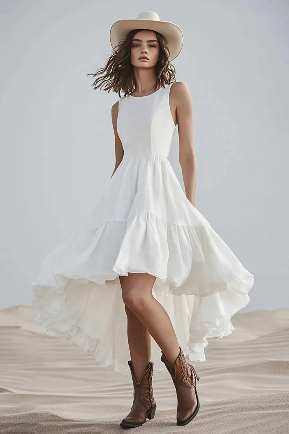 Ivory A Line High-Low Boho Western Wedding Dress - JUORTHO