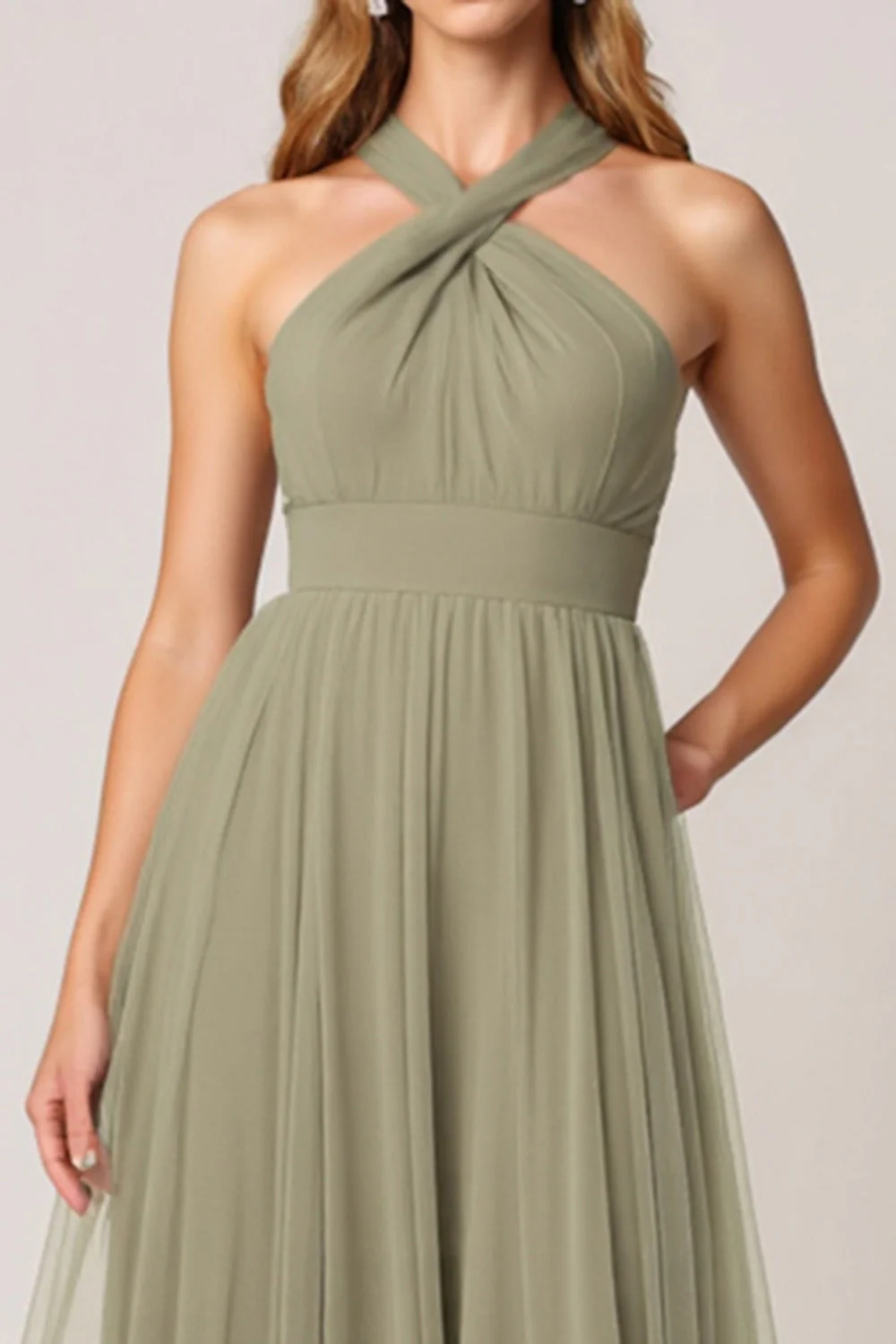 Olive Tulle Tiered Halter Long Tiered Bridesmaid Dress - JUORTHO