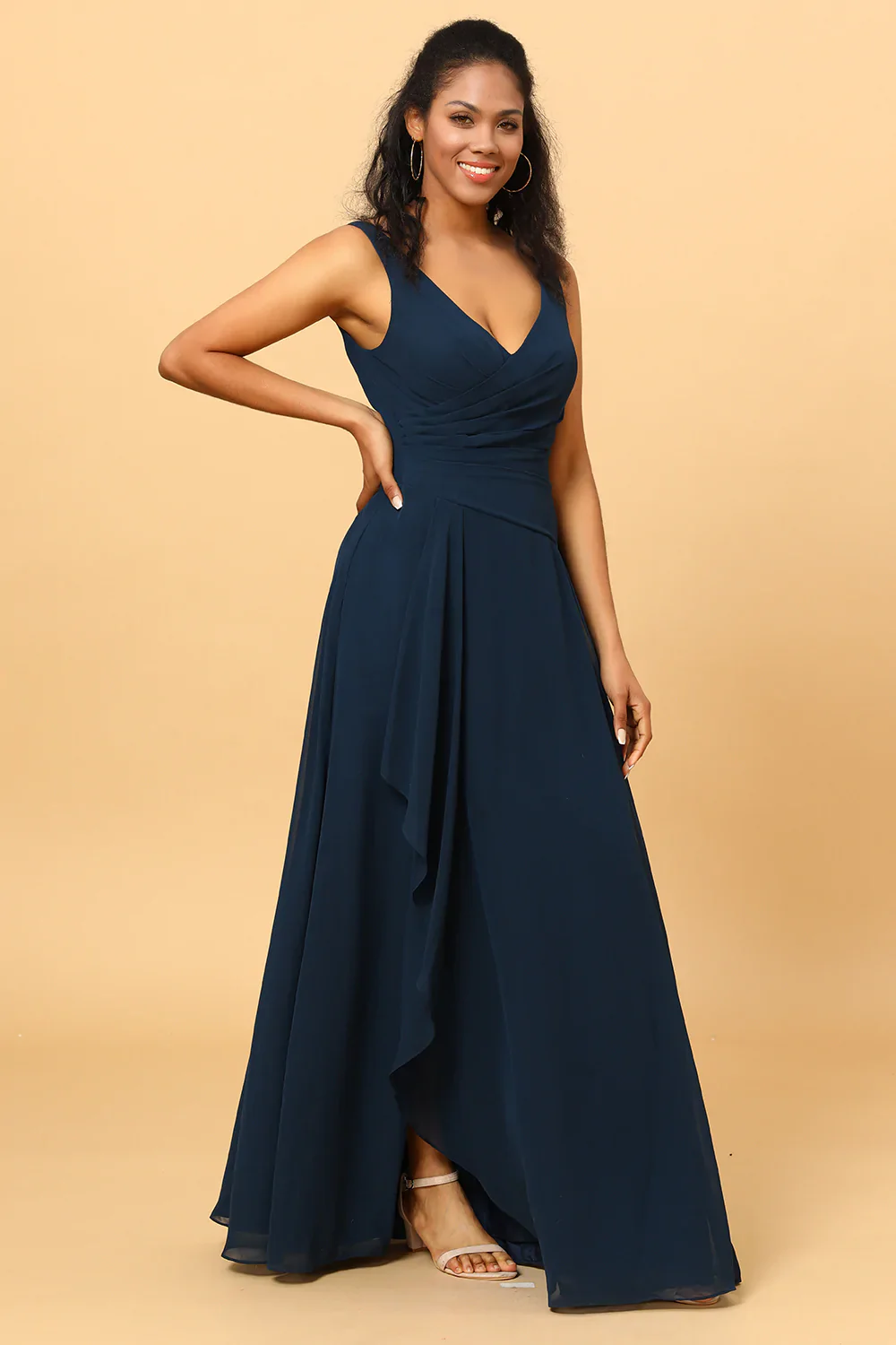 Navy V-Neck Chiffon Bridesmaid Dress with Ruffles - JUORTHO