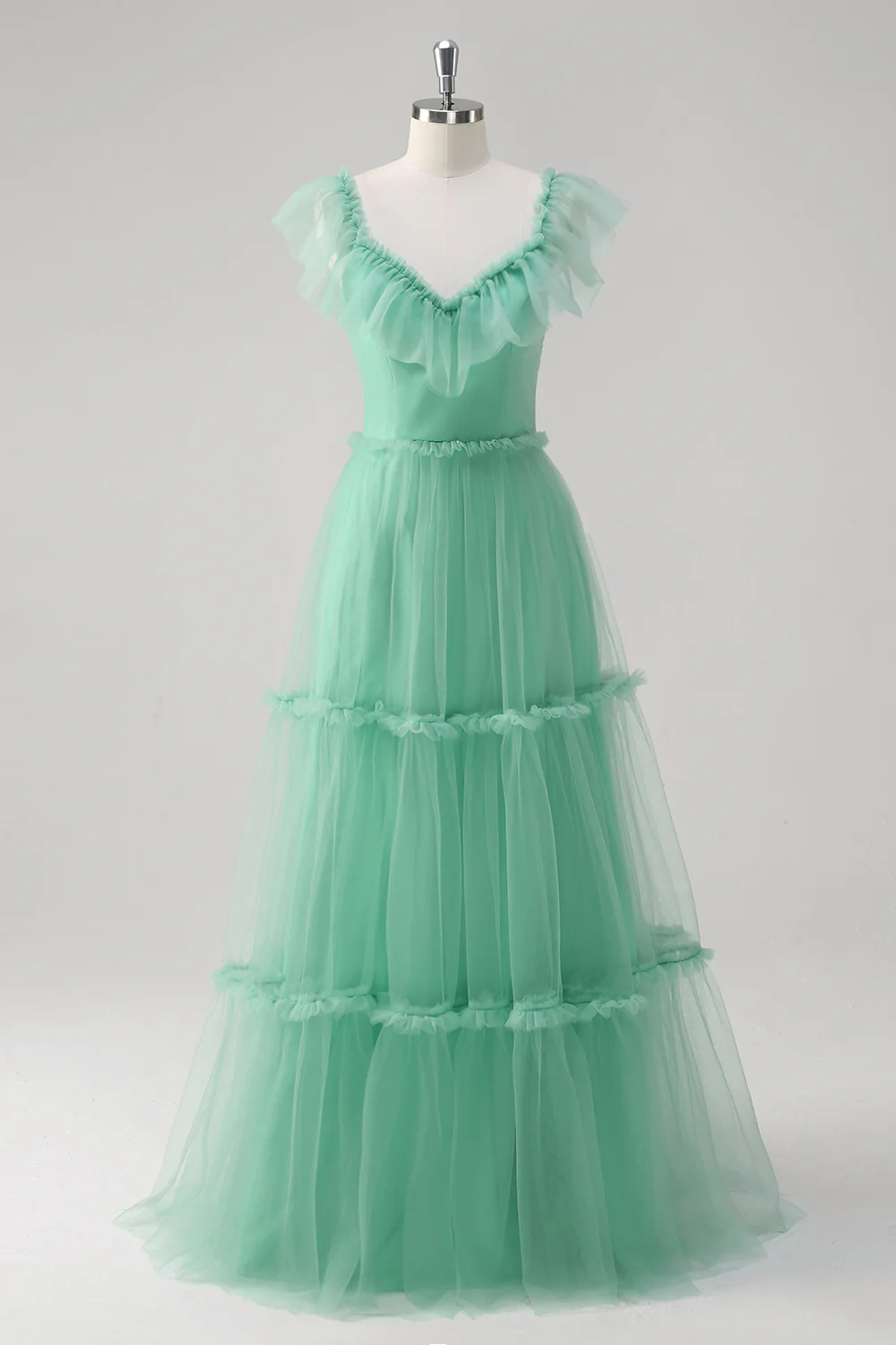 A-Line Green Ruffled Hollow Out Tulle Bridesmaid Dress - JUORTHO