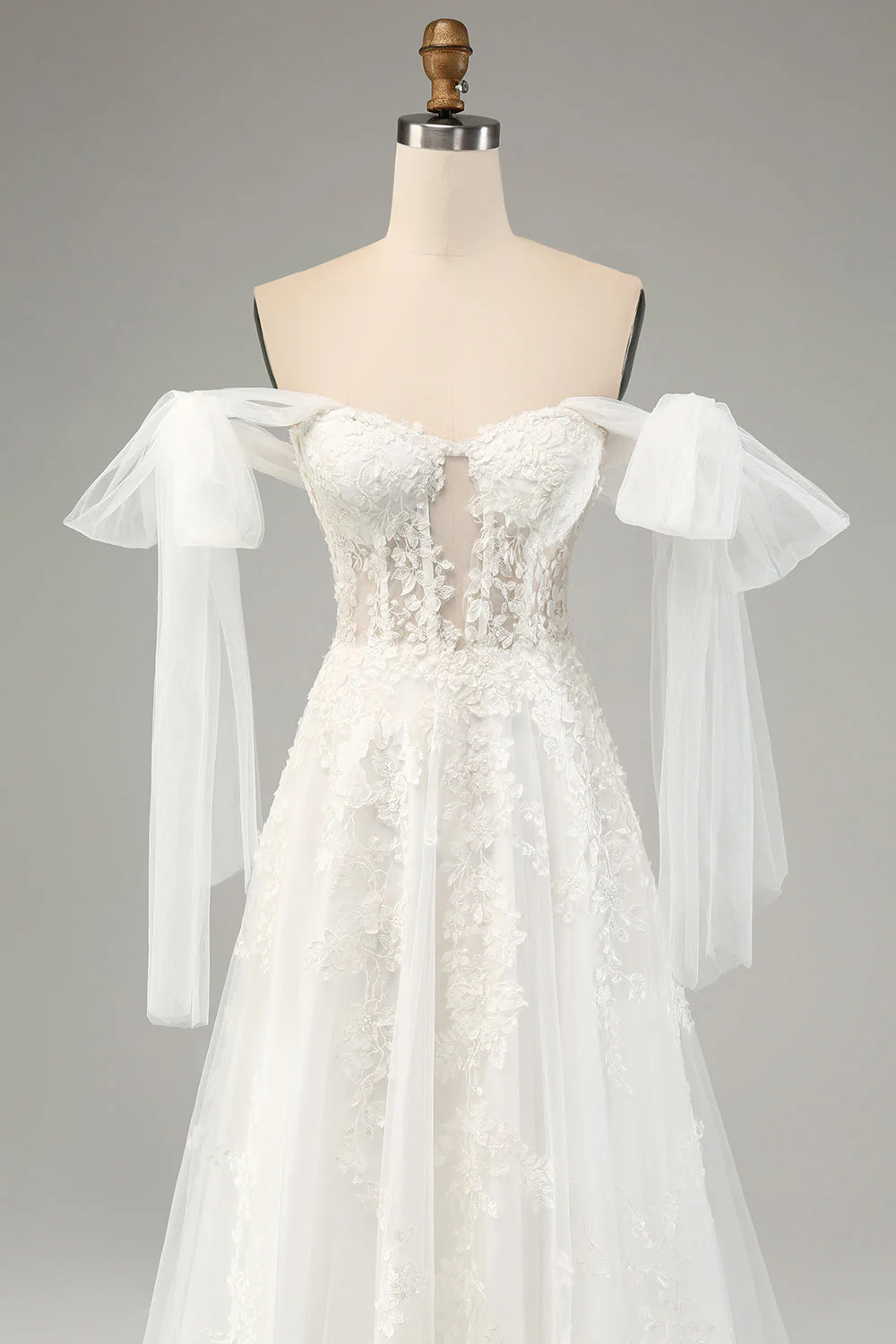 Princess White A-Line Lace Up Tulle Corset Wedding Dress with Appliques Lace - JUORTHO