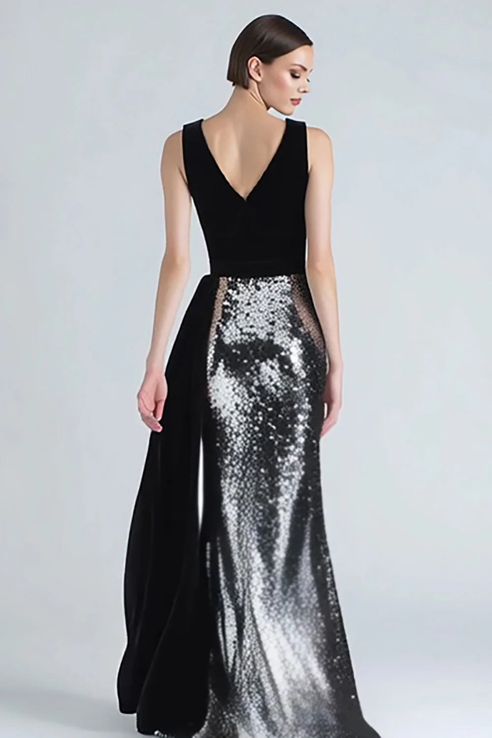Sparkly Black and Silver Mermaid Long Holiday Party Dress with Side Cape - JUORTHO