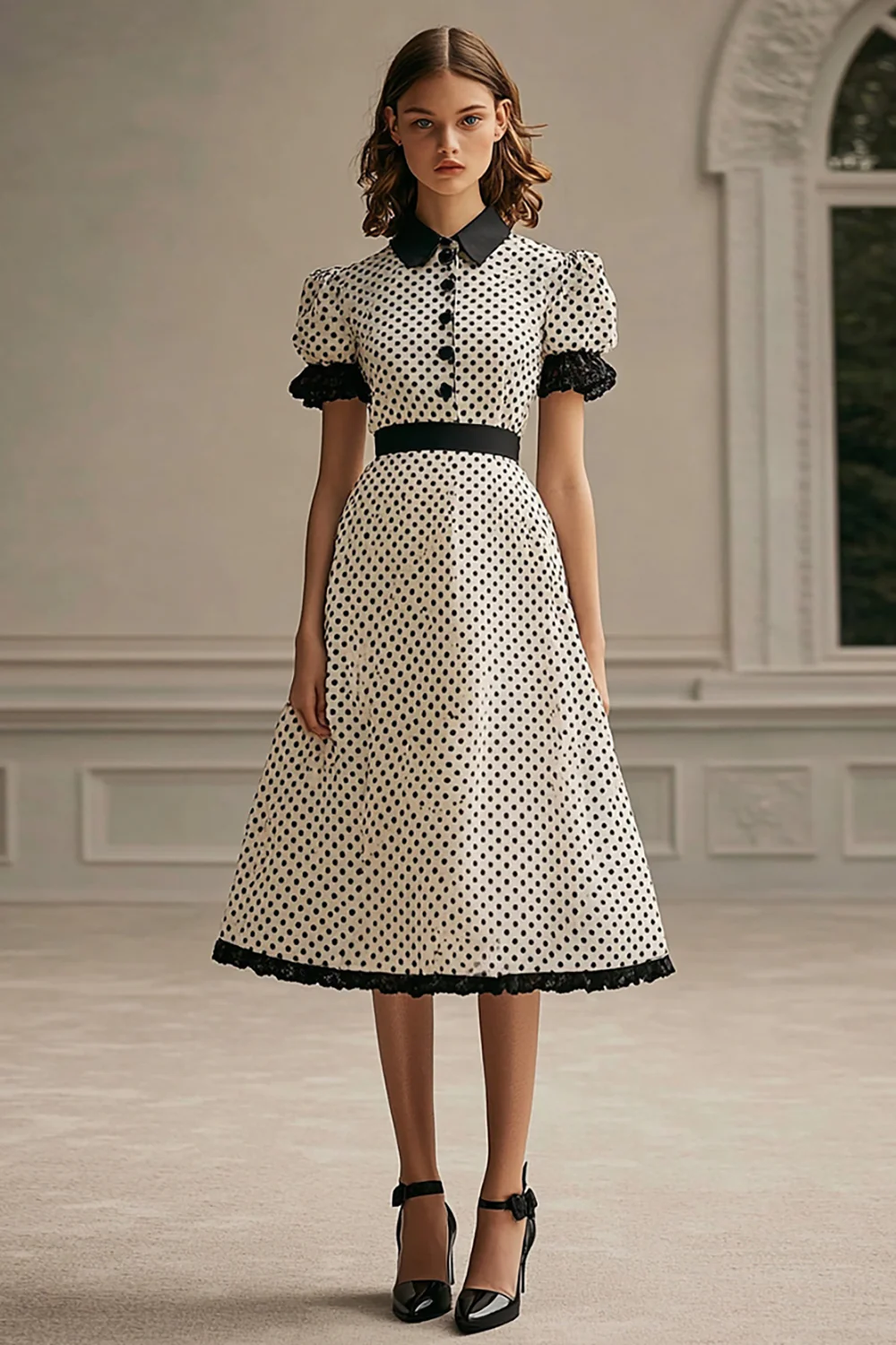 Chiffon Short Sleeves Black and White A Line Midi Polka Dot Dress with Ruffles - JUORTHO
