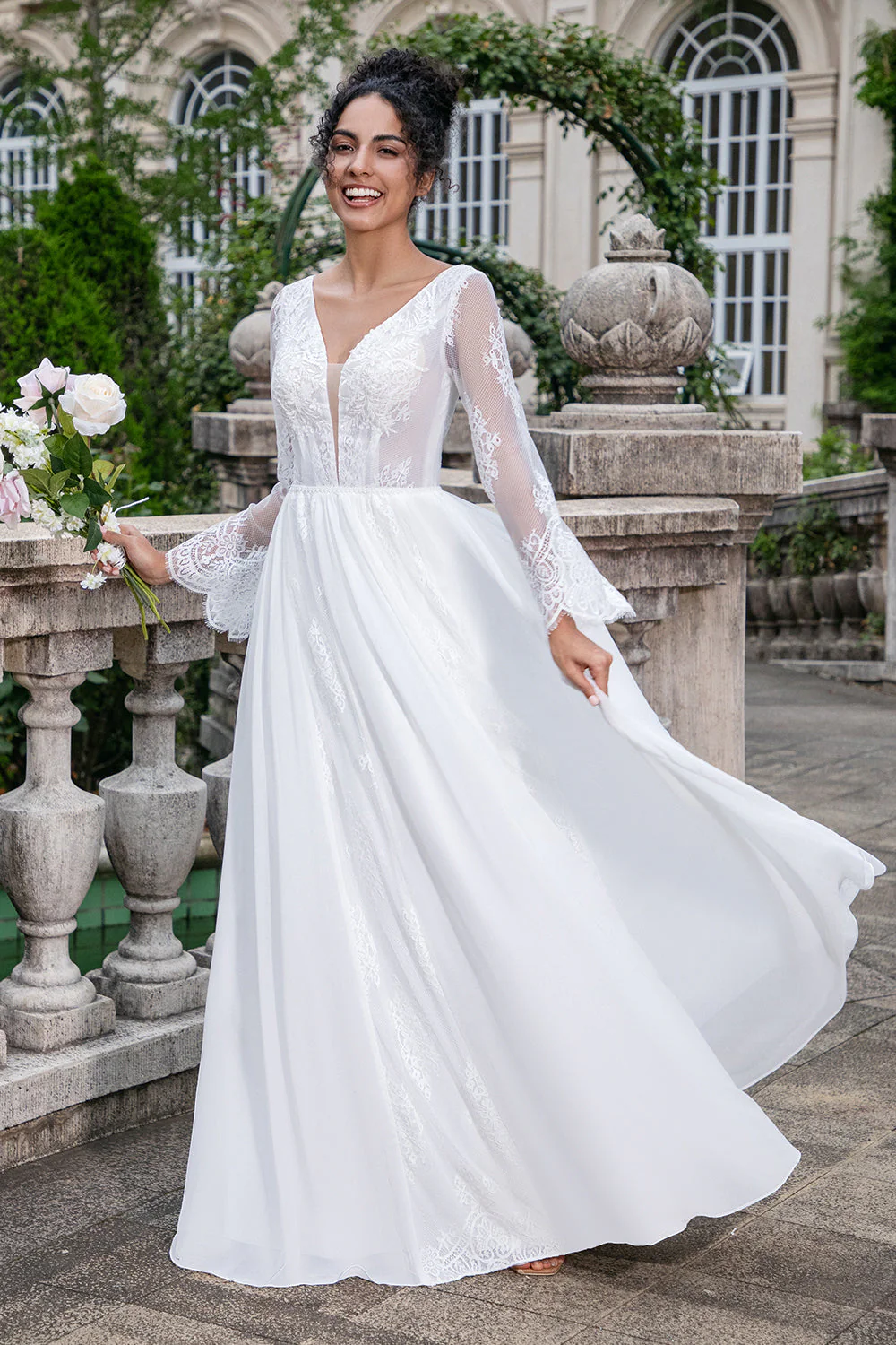 White A Line V Neck Long Sleeves Beach Boho Wedding Dress with Appliqued Lace - JUORTHO