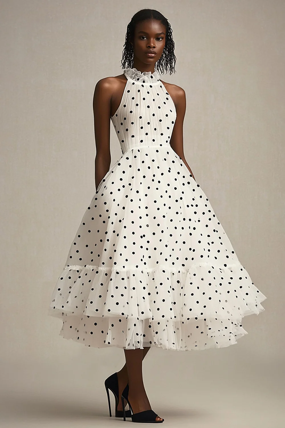 Tulle White and Black High Neck Tiered Maxi Polka Dot Dress with Ruffles - JUORTHO