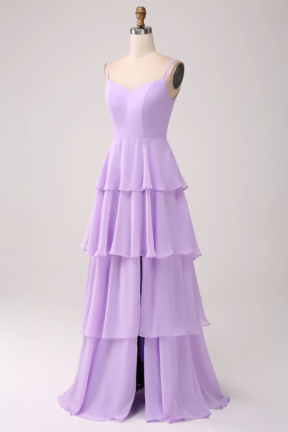 A Line Spaghetti Straps Tiered Chiffon Lilac Bridesmaid Dress with Slit - JUORTHO