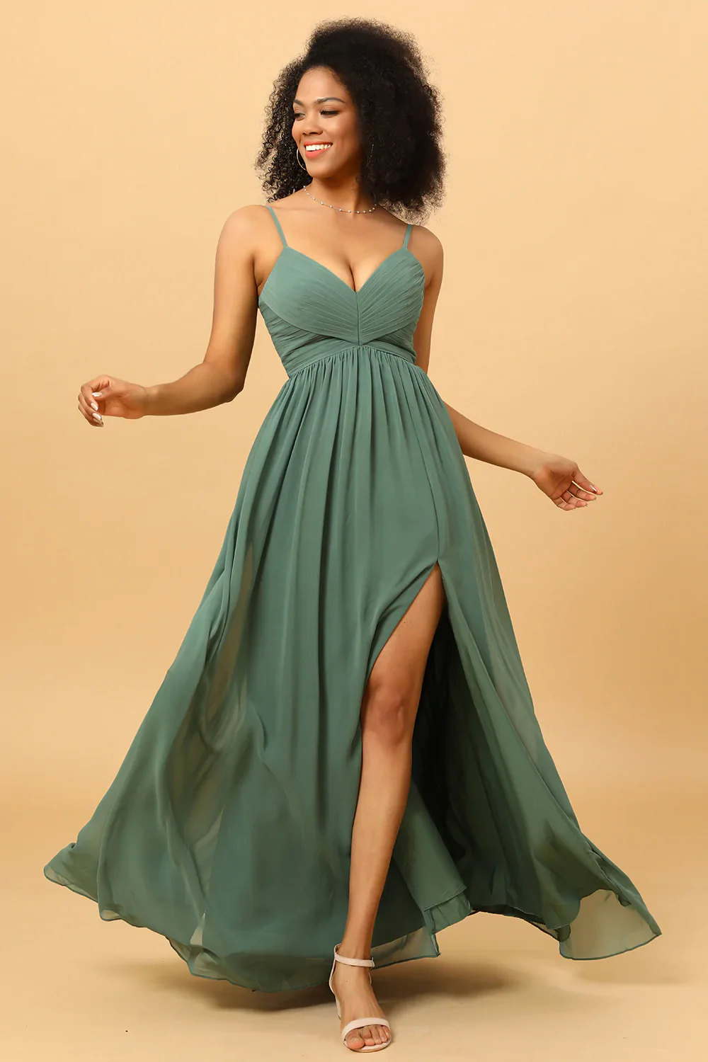 A Line Spaghetti Straps Eucalyptus Long Bridesmaid Dress with Split Front - JUORTHO