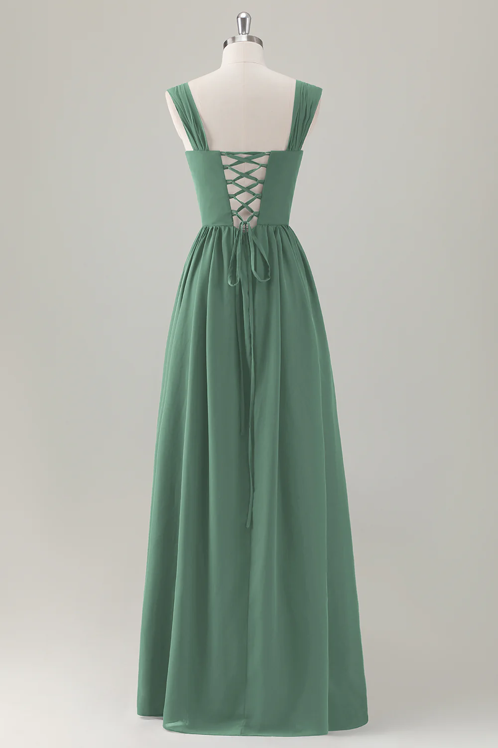 Champagne Corset A-Line Square Neck Long Bridesmaid Dress with Lace Up Back - JUORTHO