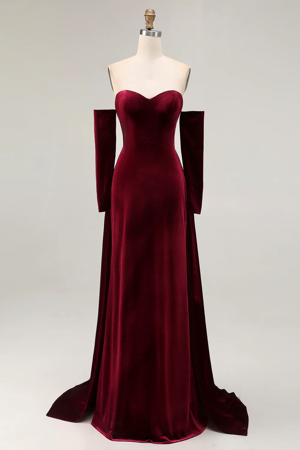 Dark Red Velvet Off the Shoulder A Line Long Evening Dress with Sleeves - JUORTHO