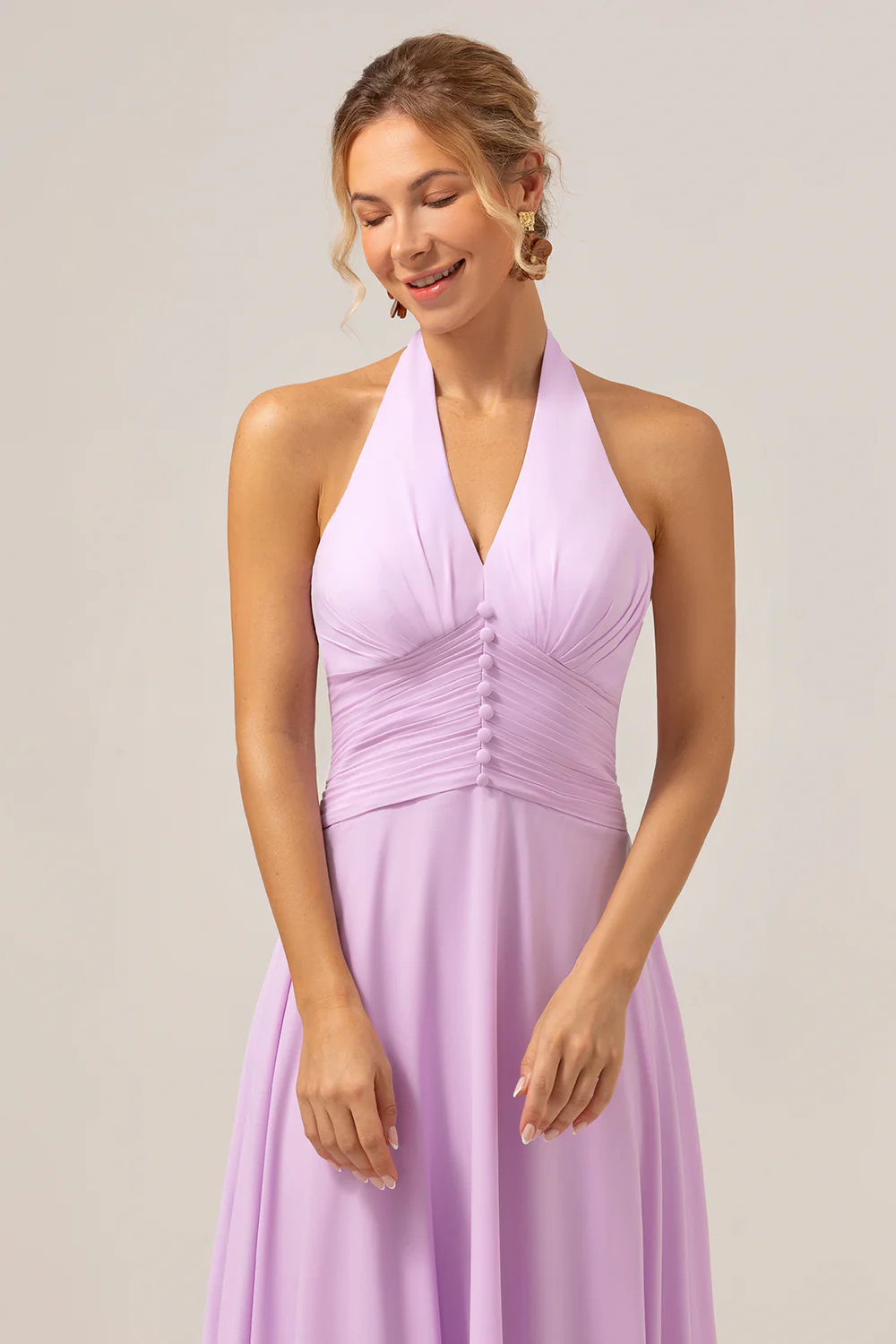 Purple A Line Halter Chiffon Long Bridesmaid Dress - JUORTHO