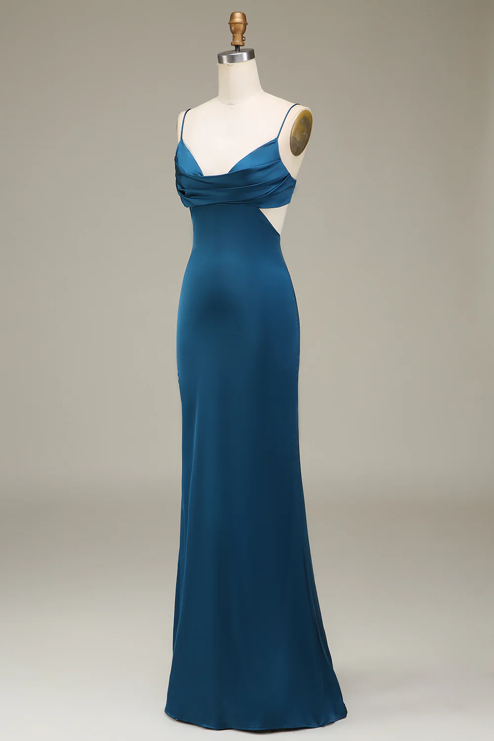 Peacock Sheath Spaghetti Straps Long Satin Bridesmaid Dress - JUORTHO