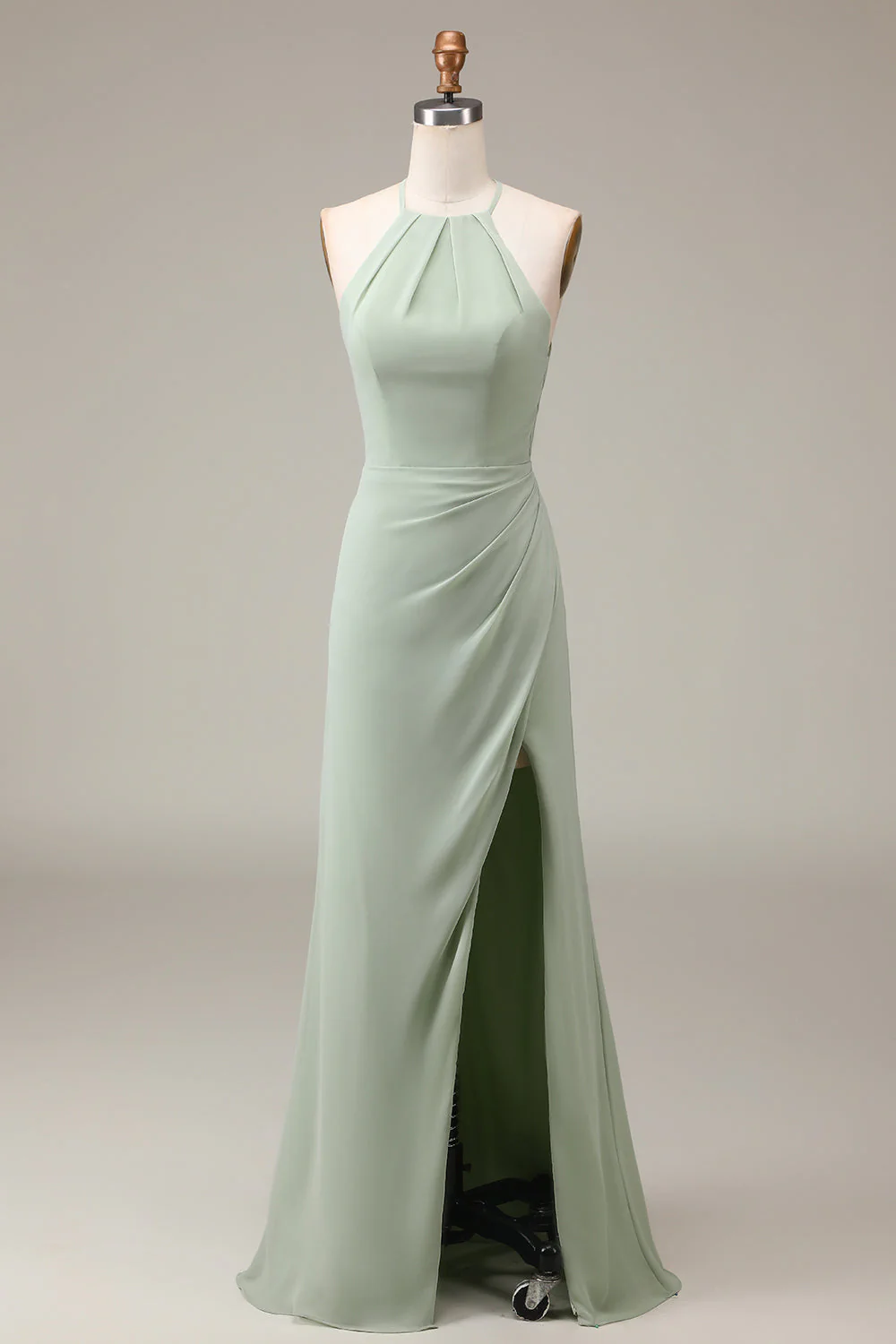 Matcha Halter Neck Sheath Pleated Bridesmaid Dress with Slit - JUORTHO