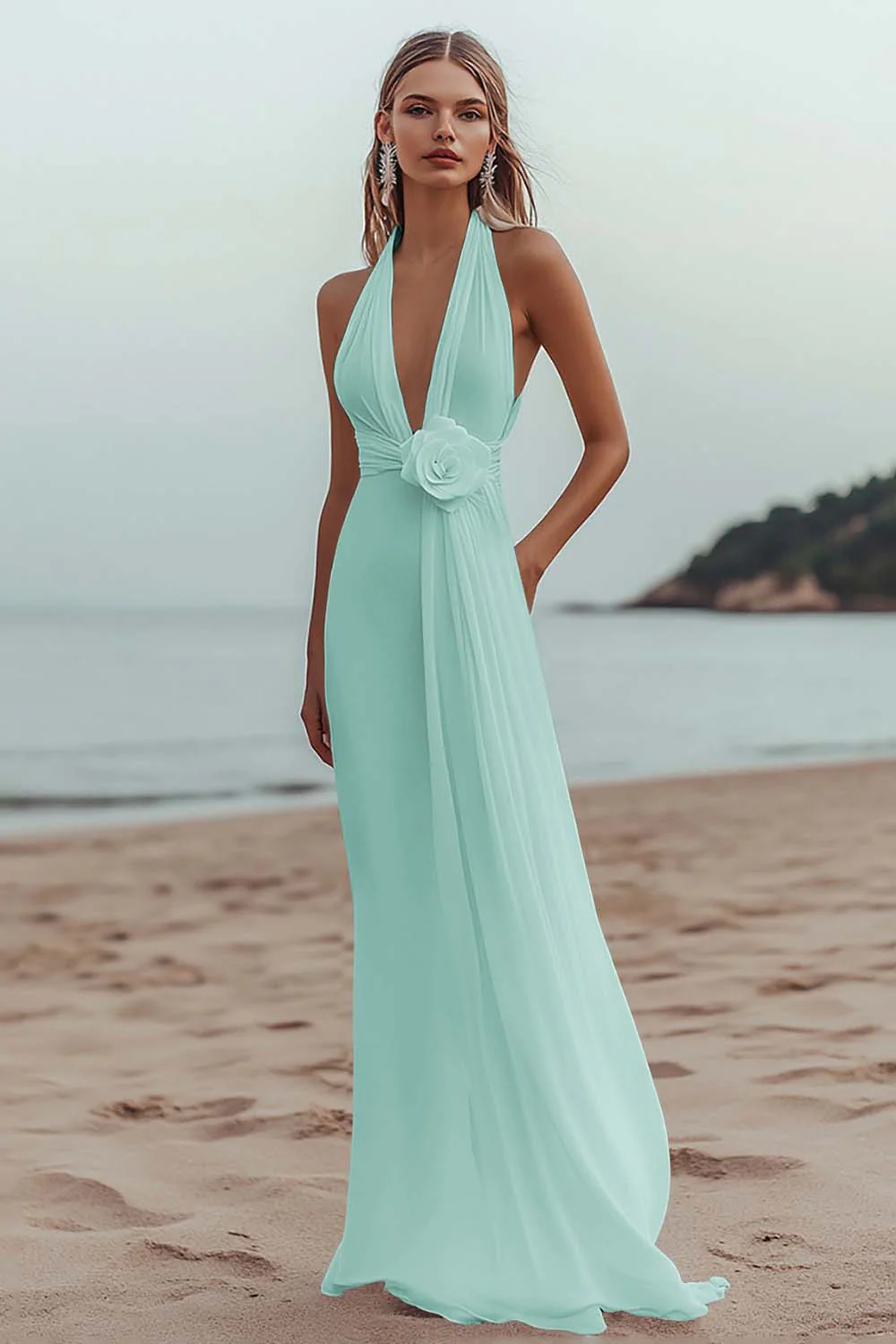 White A Line Deep V-Neck Long Engagement Dress - JUORTHO