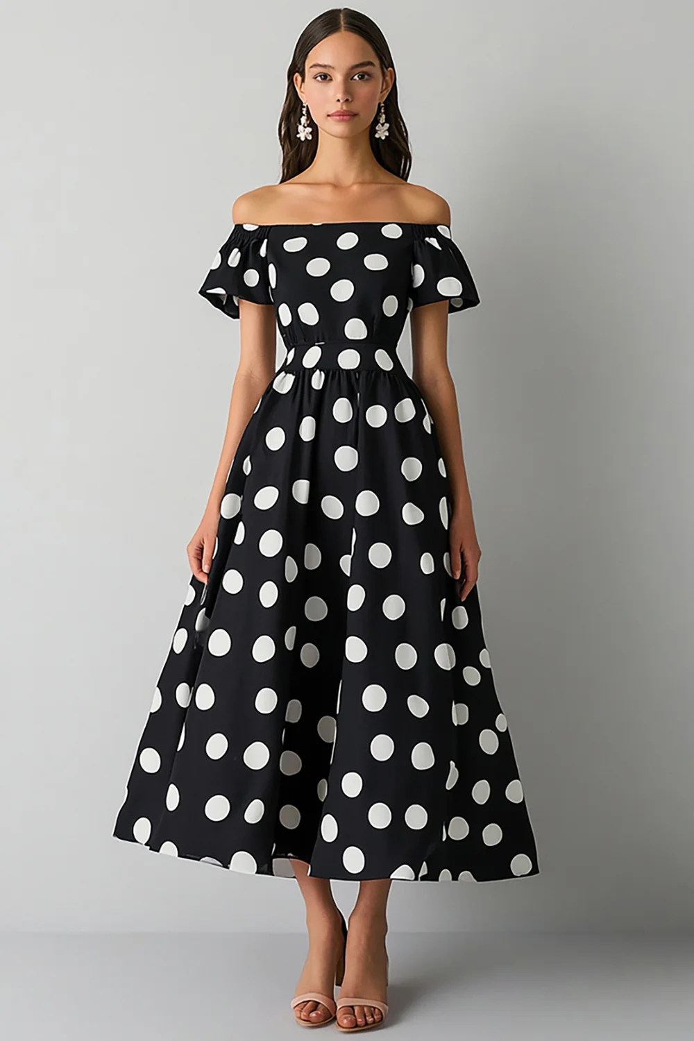 Satin A Line Off the Shoulder Boho Black and White Maxi Polka Dot Dress - JUORTHO
