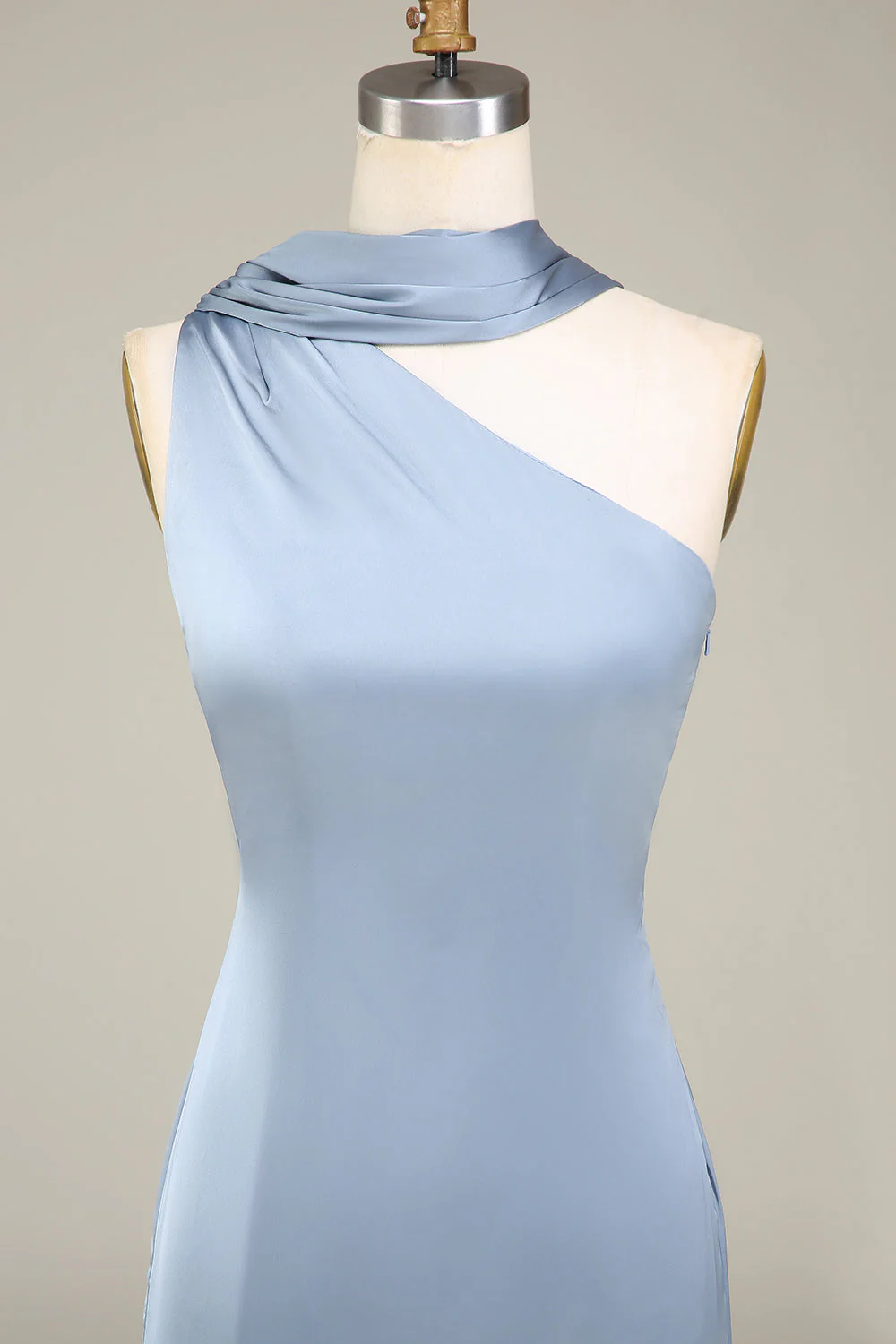 Blue Sheath One Shoulder Satin Long Bridesmaid Dress - JUORTHO