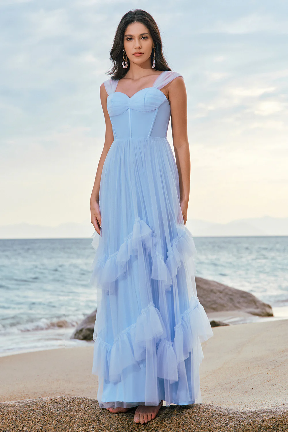 Grey Blue Corset Tulle Ruffled Long Bridesmaid Dress - JUORTHO