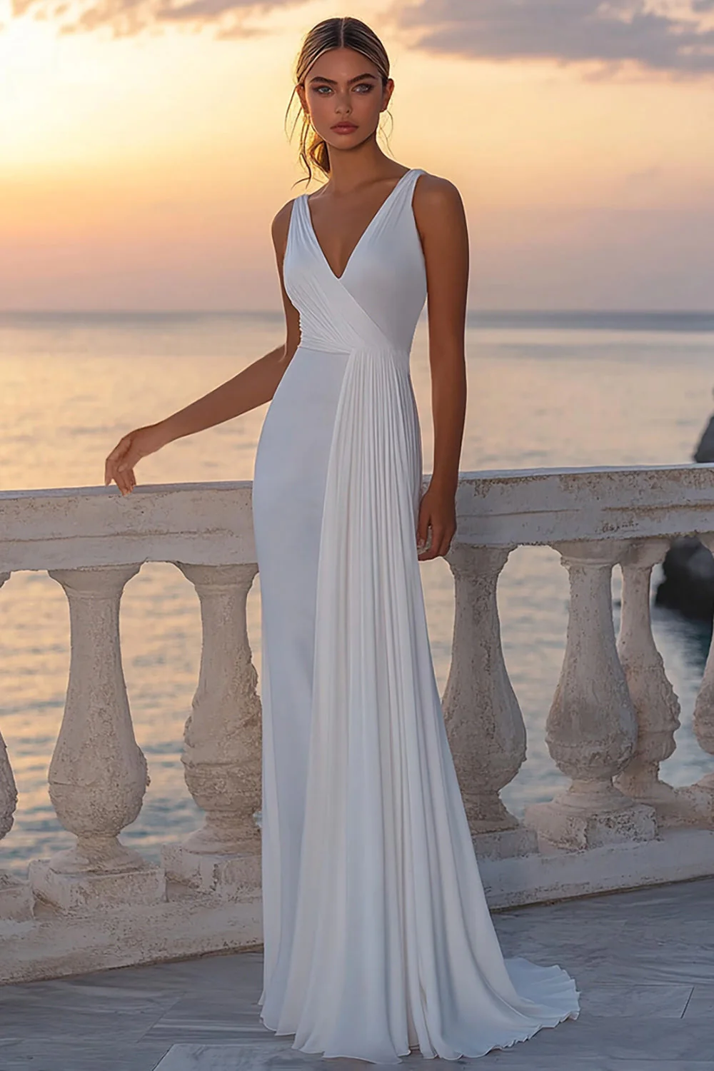 White Chiffon V Neck Boho Wedding Dress with Pleats - JUORTHO