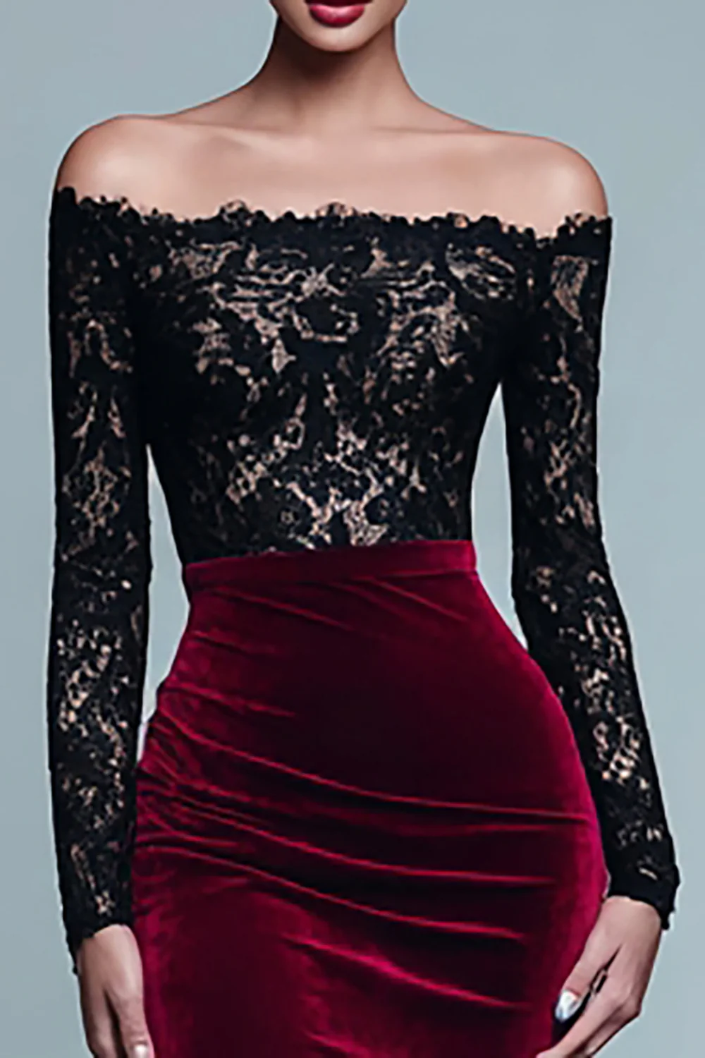 Black and Burgundy Mermaid Velvet Long Sleeves Holiday Party Dress with Lace - JUORTHO