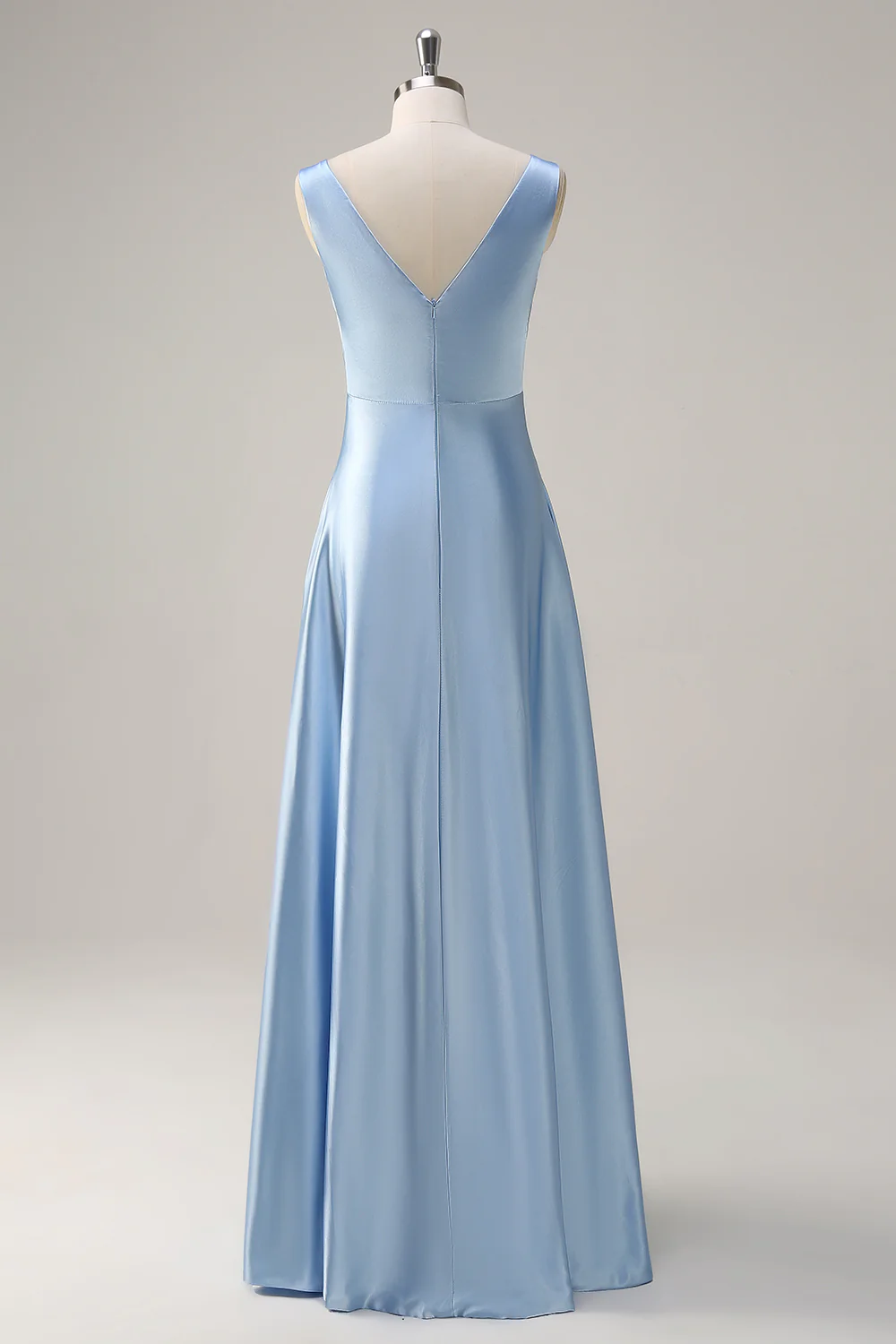 Sky Blue V-Neck A-Line Satin Long Bridesmaid Dress - JUORTHO