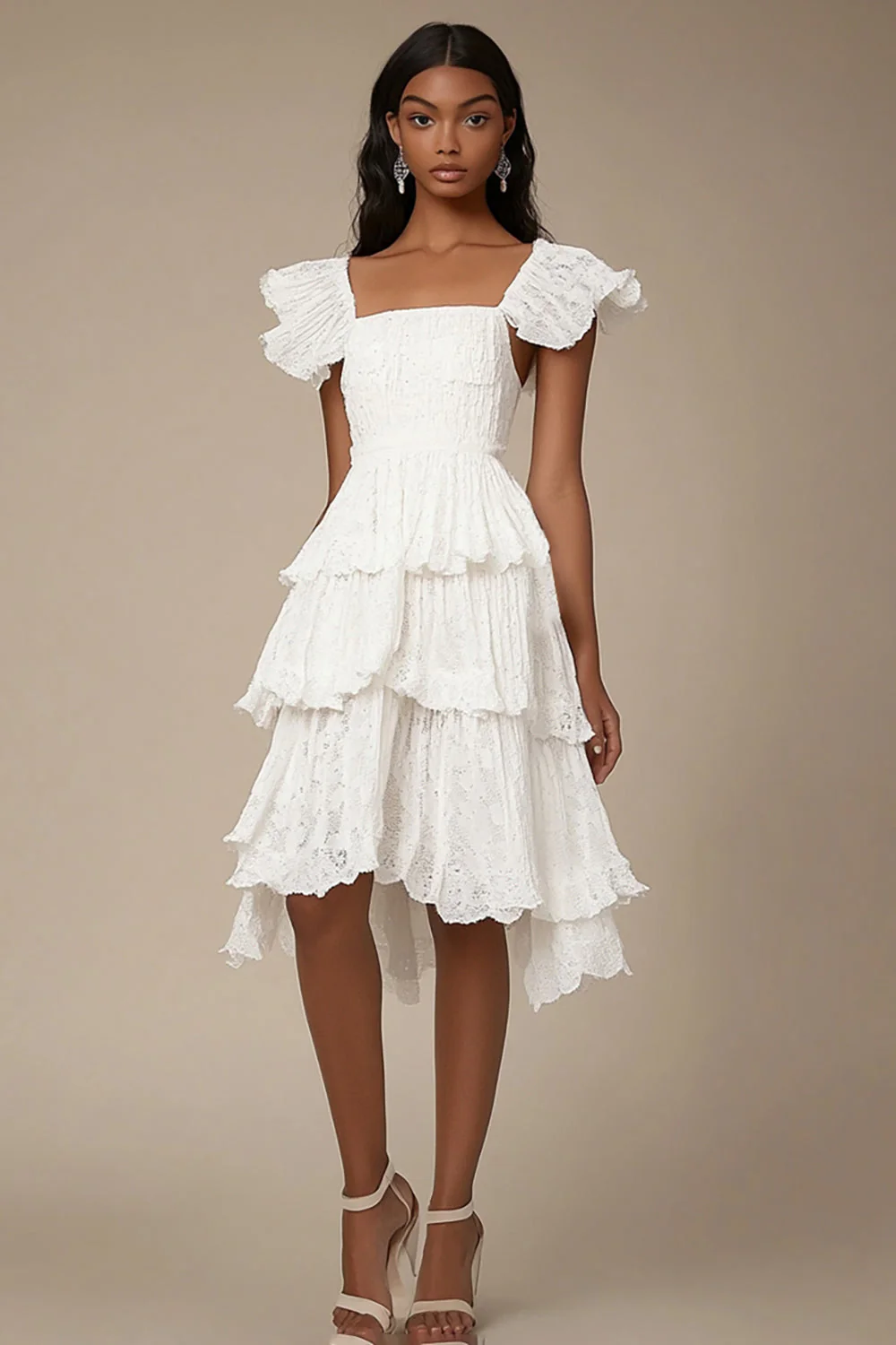 Ivory Square Neck Tiered A Line Midi Graduation Dress with Ruffles - JUORTHO