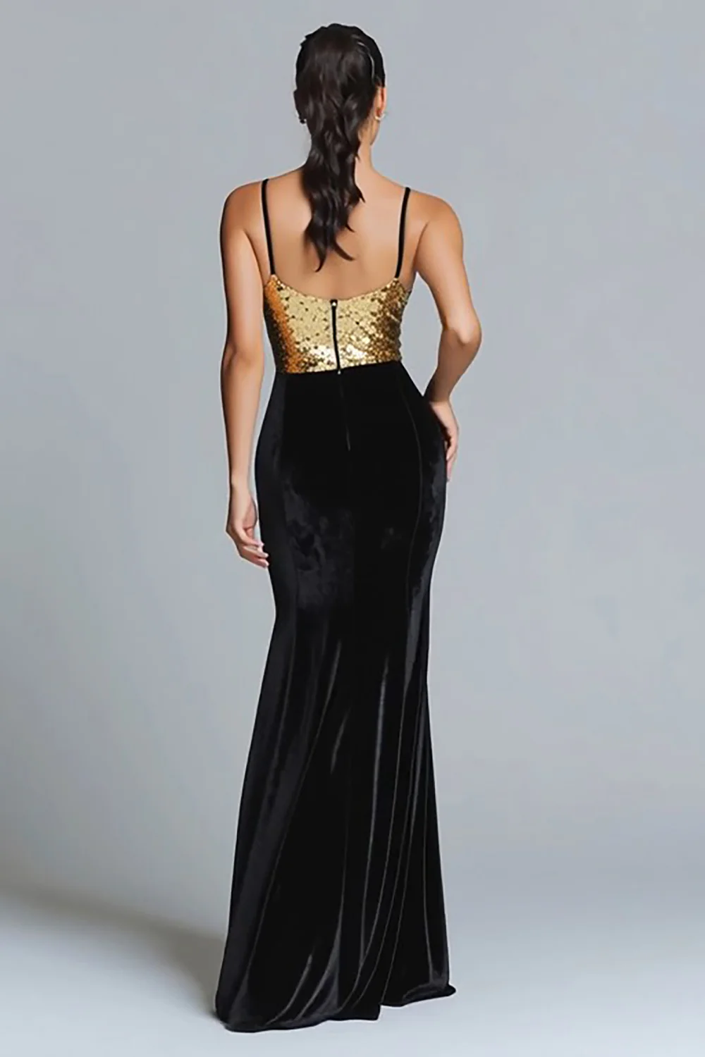 Sparkly Gold and Black Mermaid Velvet Long Holiday Party Dress with Sequins - JUORTHO