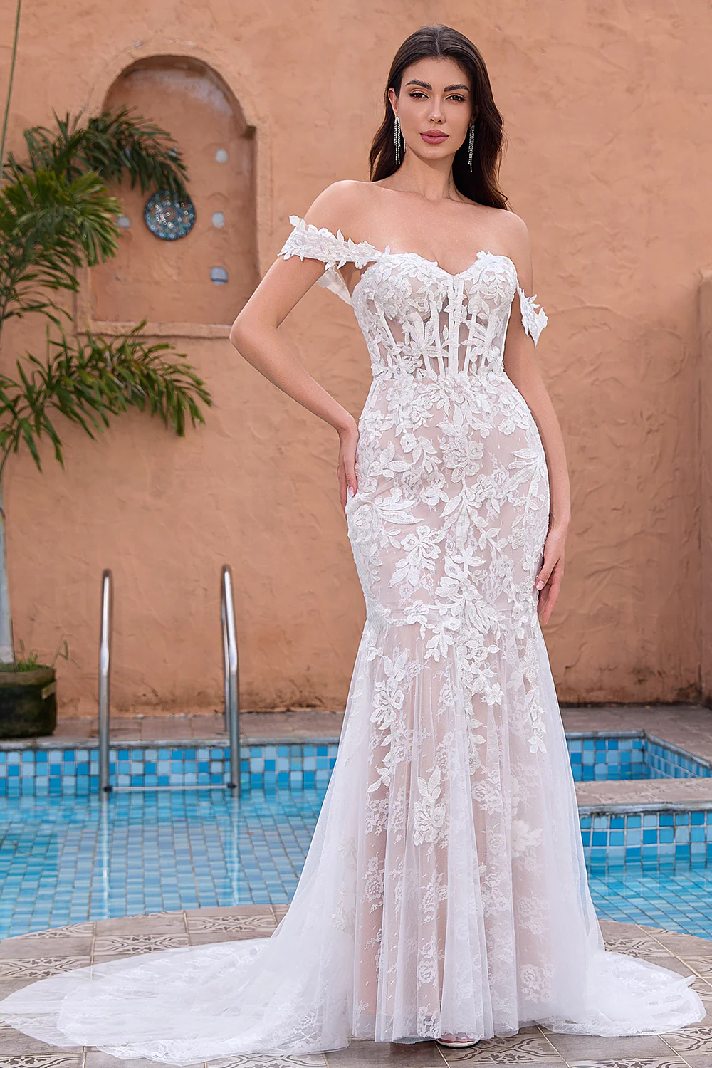 White Mermaid Off the Shoulder Corset Wedding Dress with Applique Lace - JUORTHO