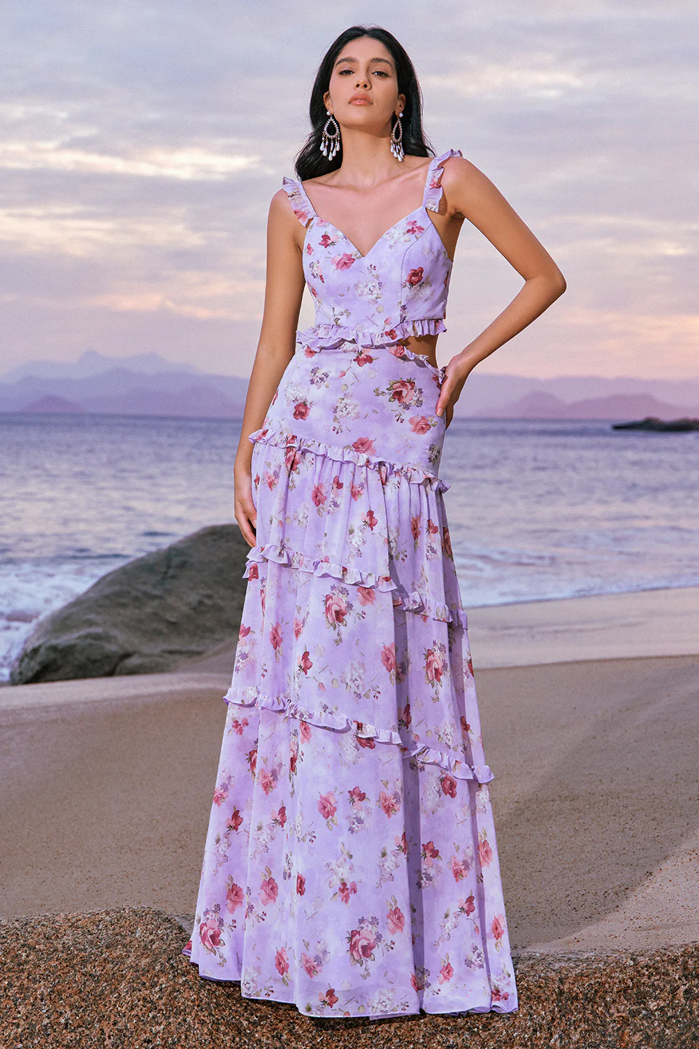 Grey Purple Floral A Line Long Bridesmaid Dress with Ruffles - JUORTHO
