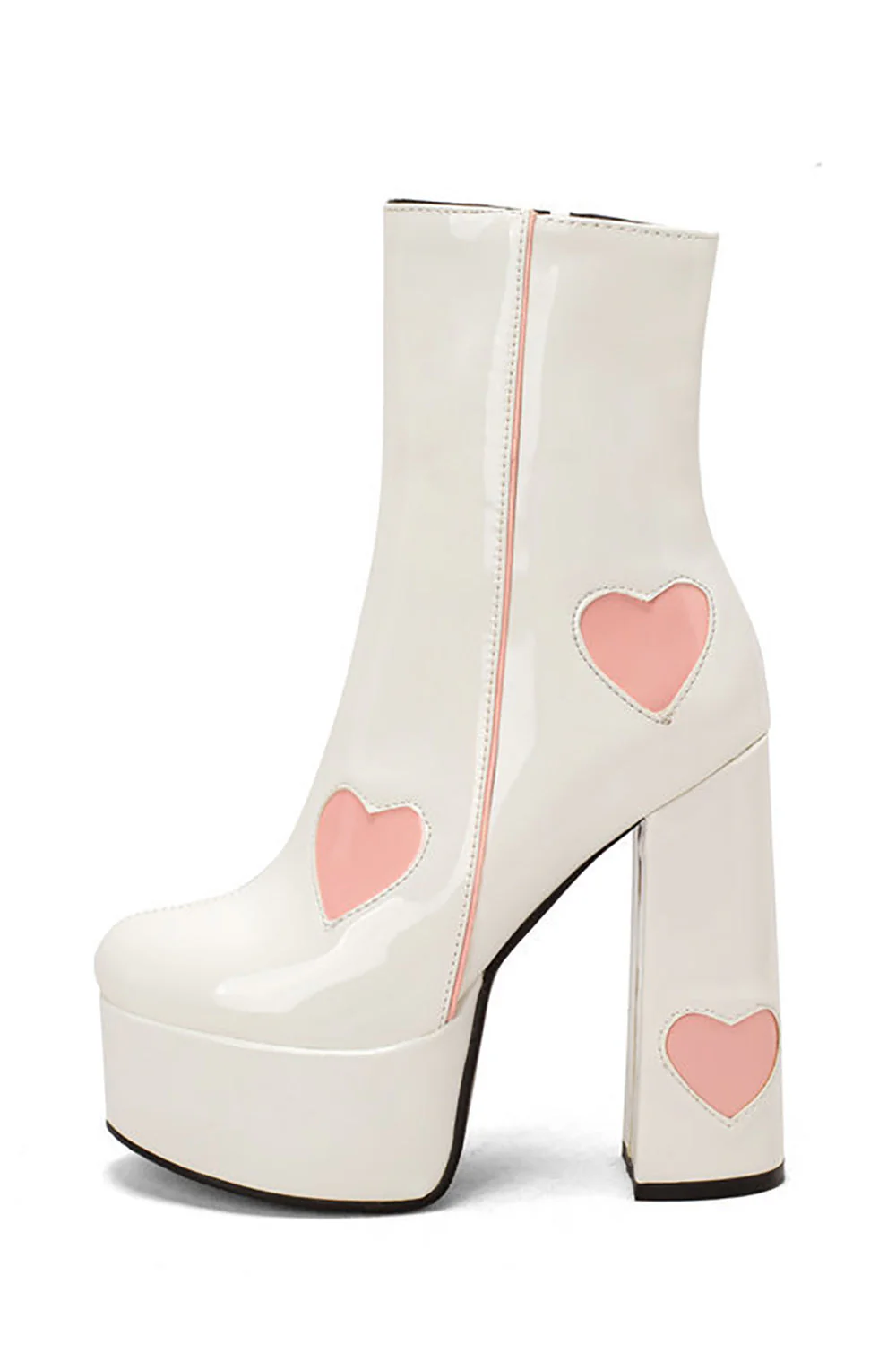 Black PU Leather Platform Chunky Block High Heel Boots with Pink Hearts - JUORTHO