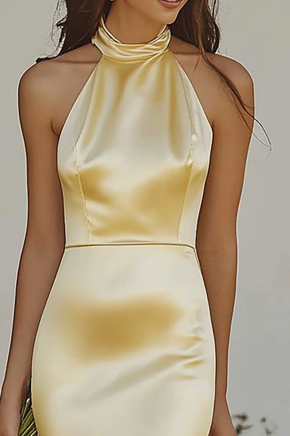 Mermaid Light Yellow Halter Long Satin Bridesmaid Dress - JUORTHO