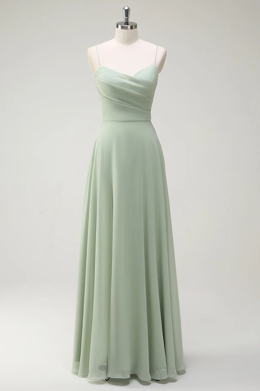 Dusty Sage A Line Chiffon Spaghetti Straps Long Bridesmaid Dress - JUORTHO