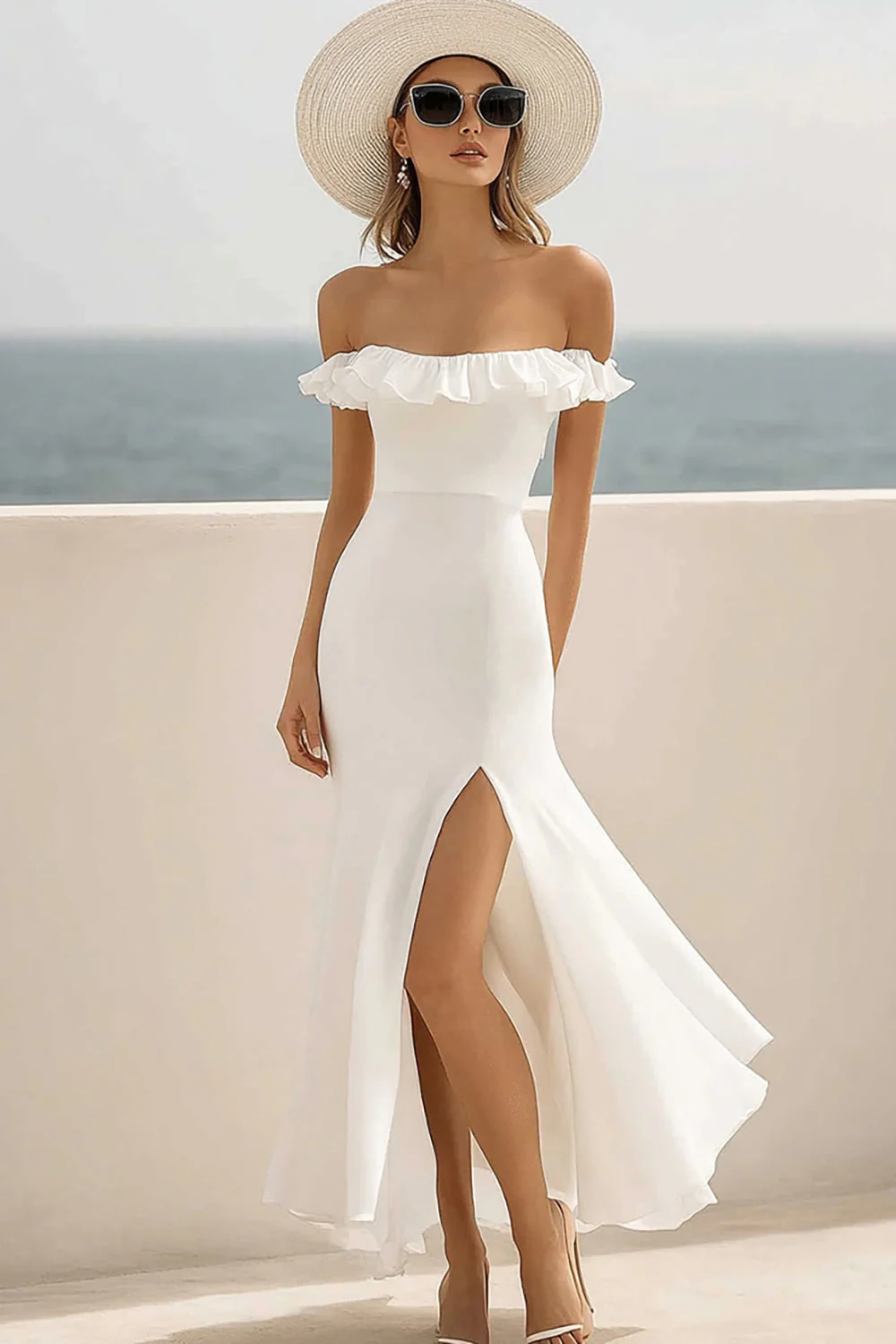 White Mermaid Chiffon Square Neck Long Engagement Dress with Slit - JUORTHO